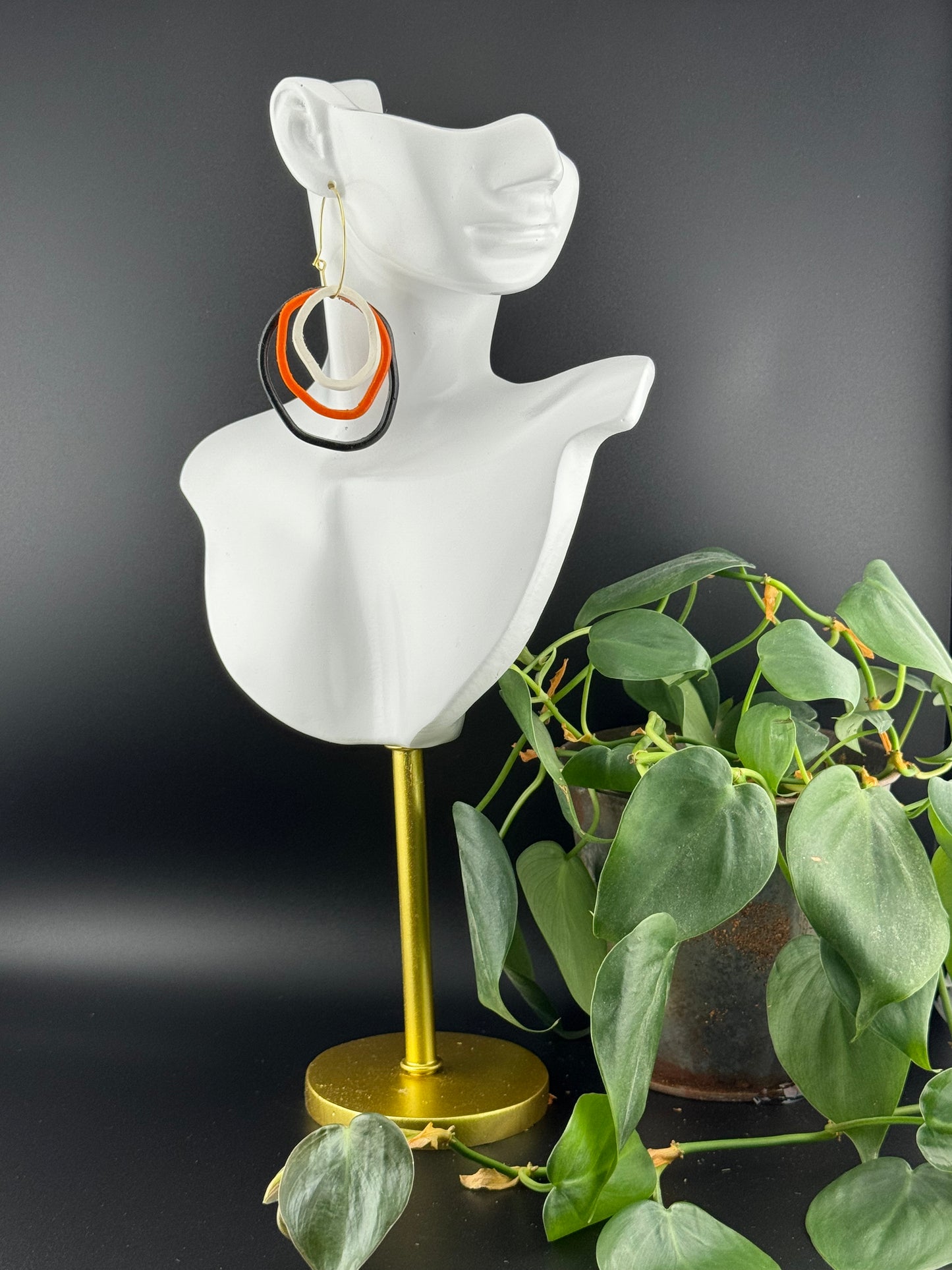 Orange, Black and White Ring Earrings with Gold or Silver Hoops