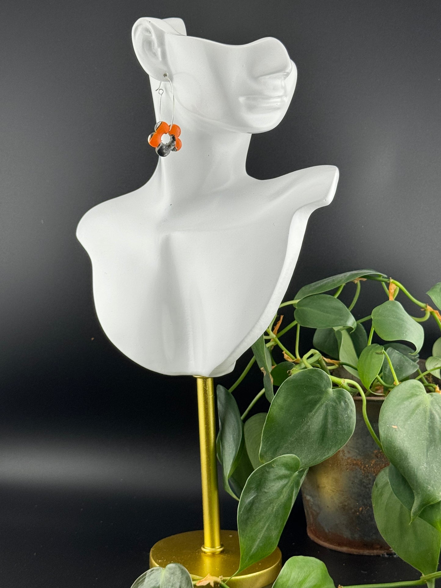 Orange, Black, and White Marbled Flower Hoops