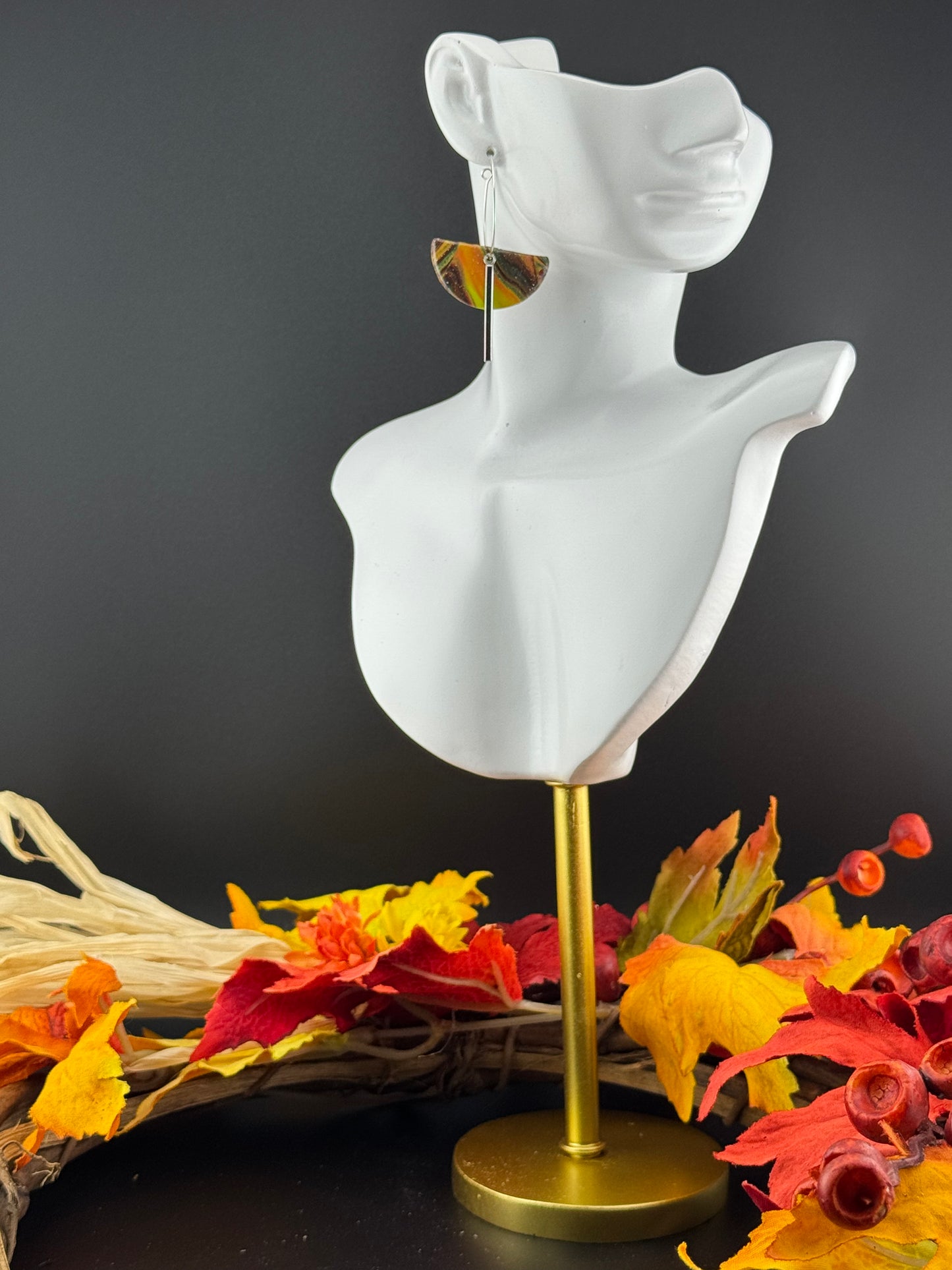 Fall Colors Marbled Half Moon Hoop with Bar Charm