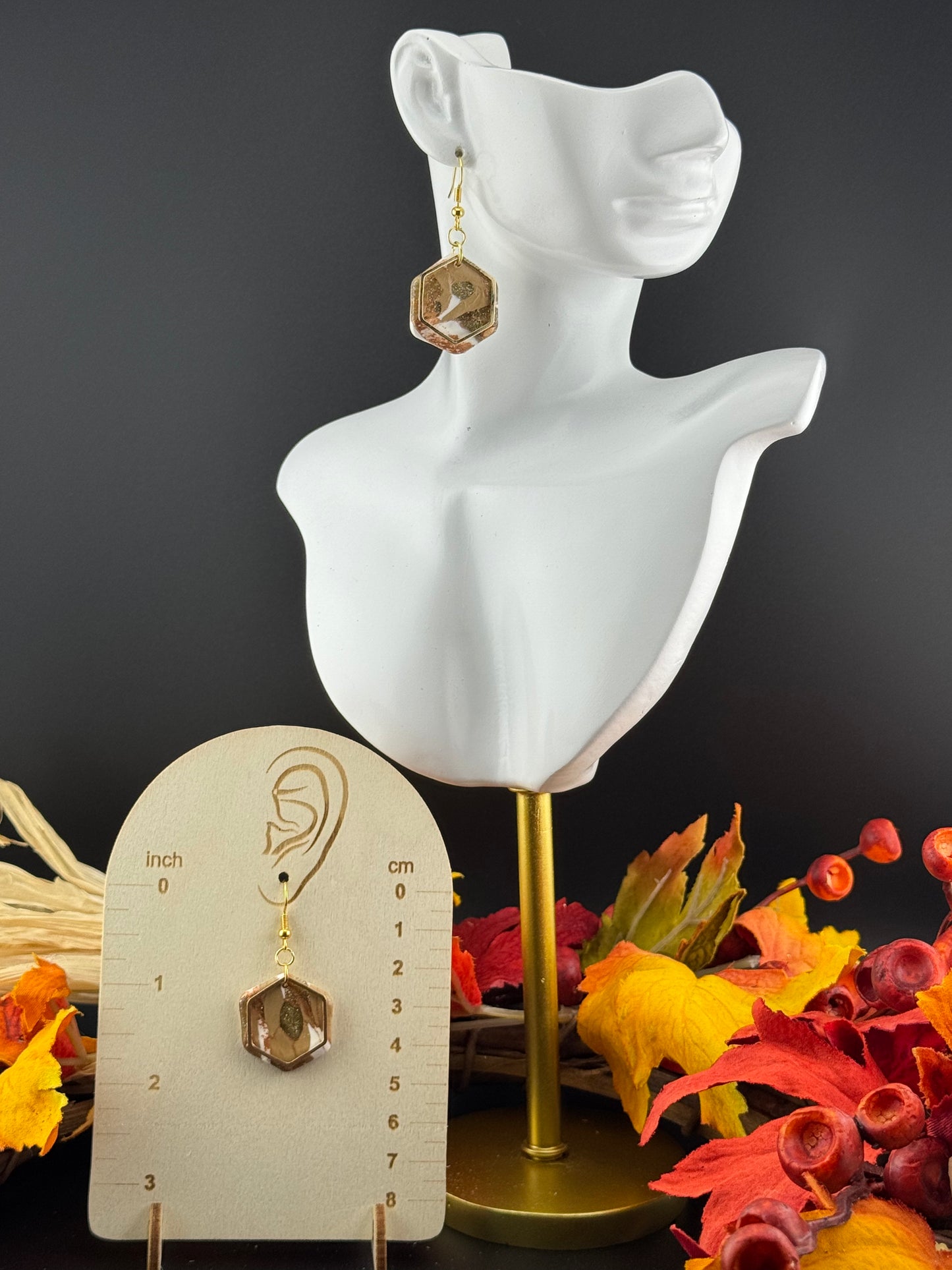 Marbled White, Gold, and Taupe Earring accented with Gold Hexagon