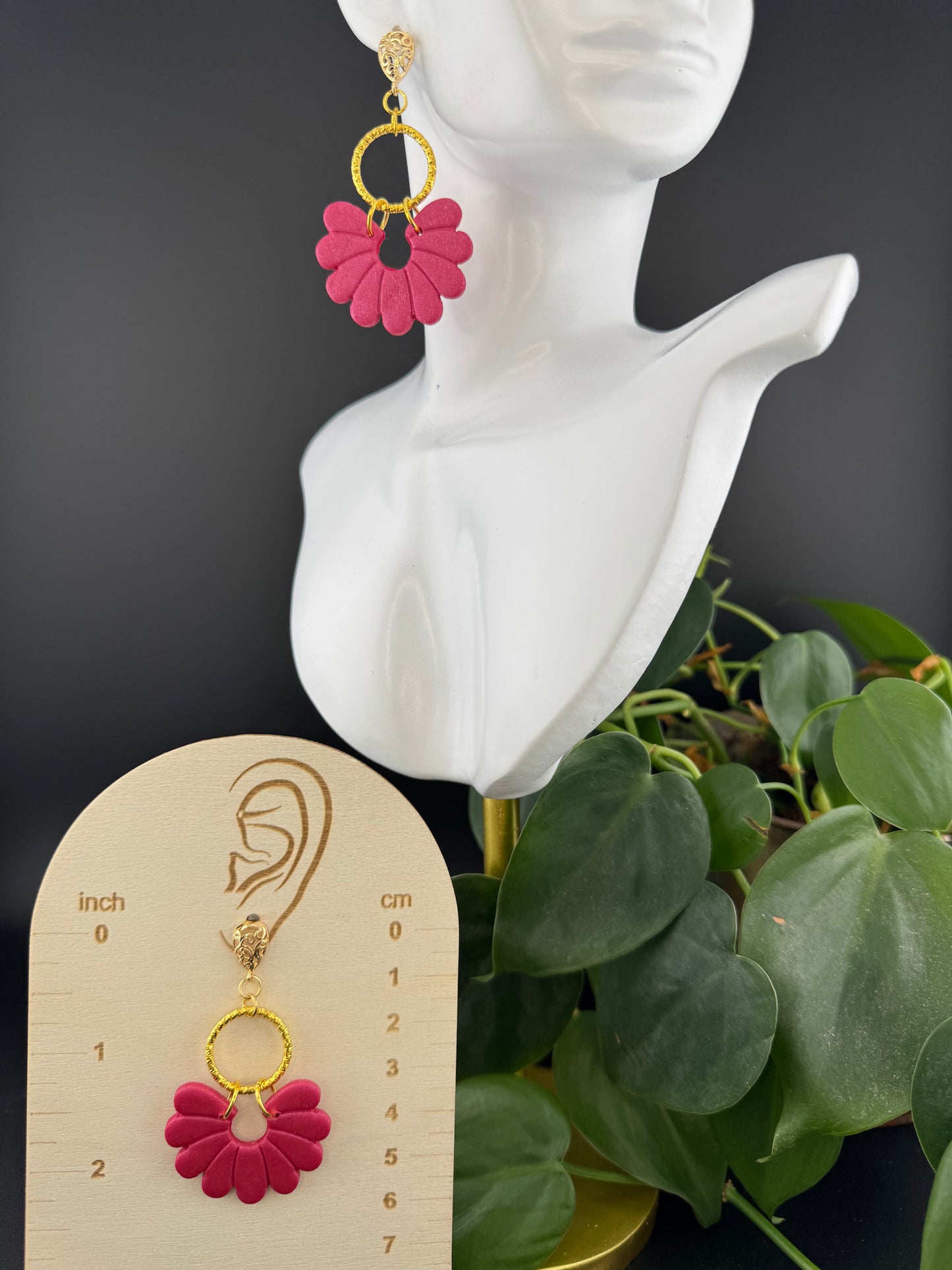 Hot Pink, Boho style Earrings with Gold Filigree post