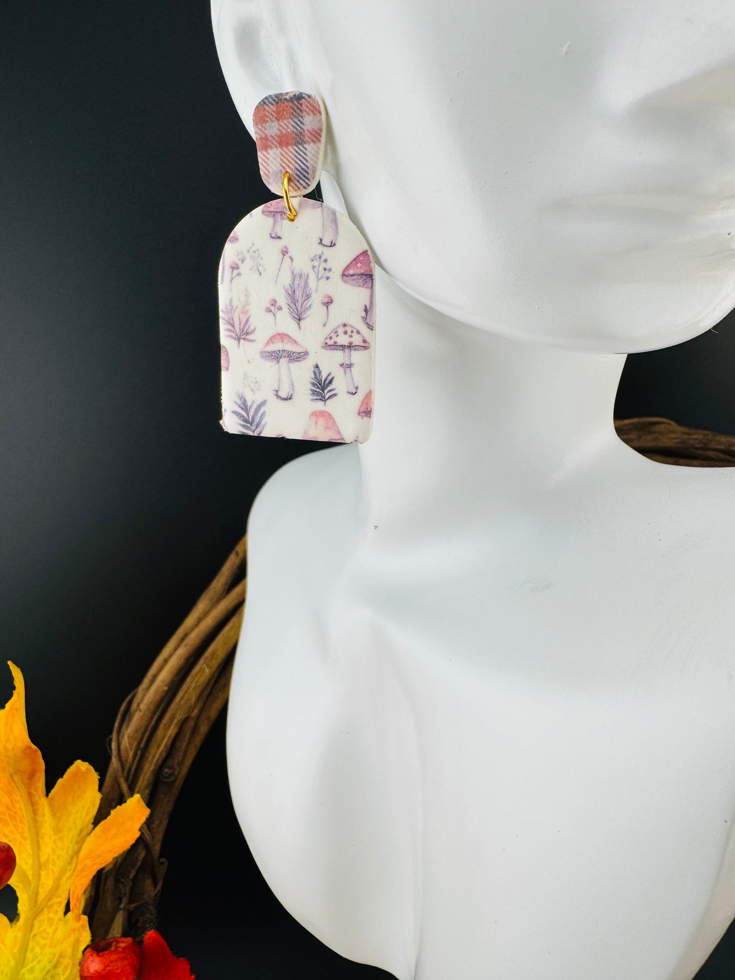 Mushroom Motif Arch with Red and Blue Plaid button post