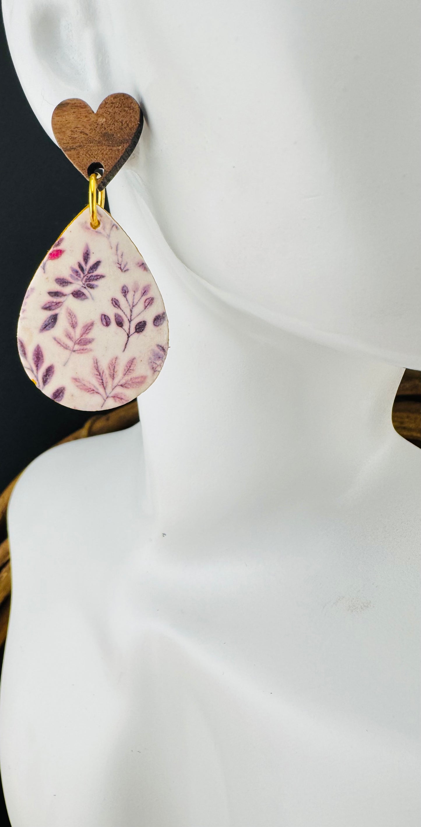 Falling Leaves Teardrop dangle with Wood Heart Post