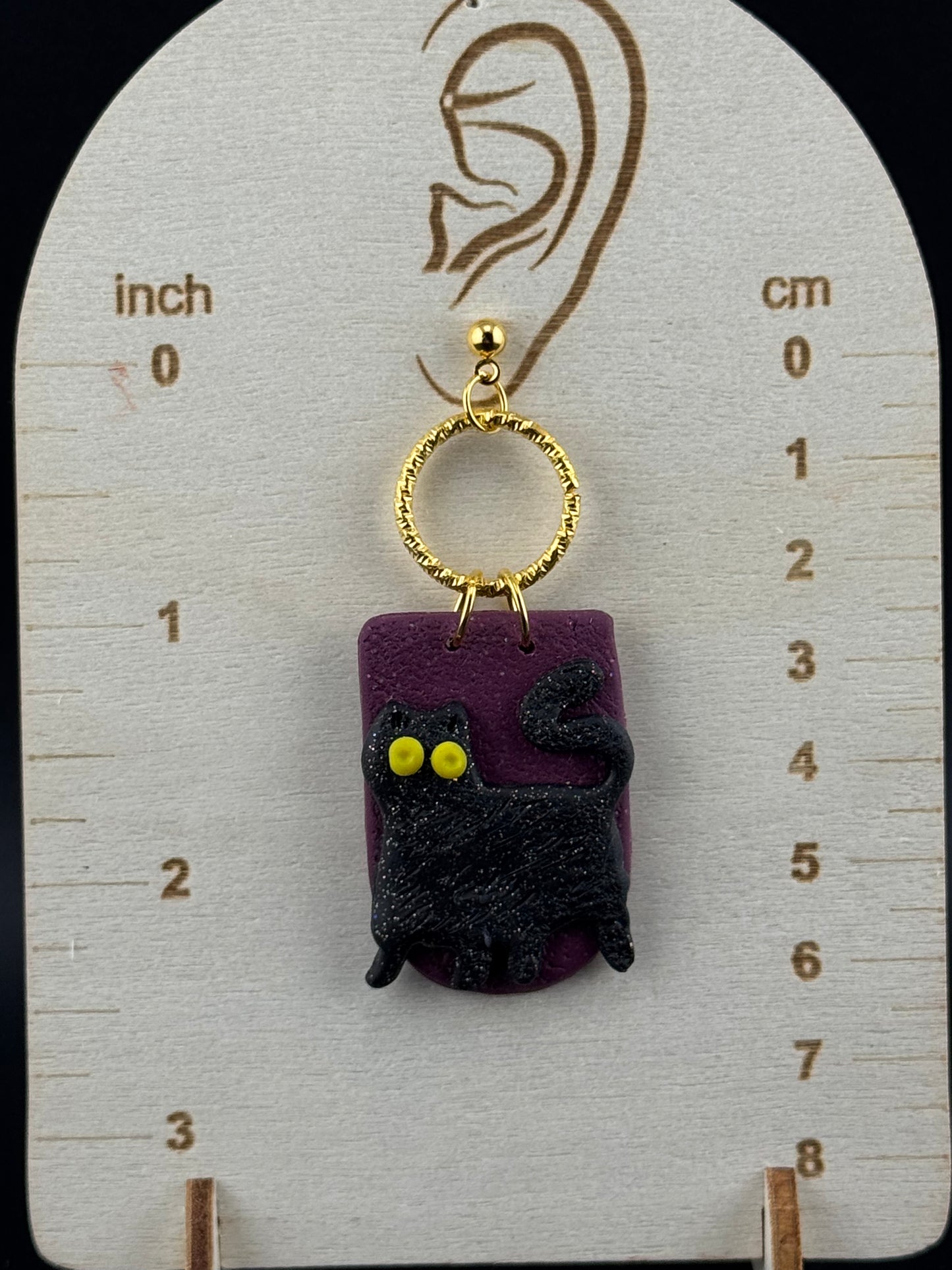 Black Cats on the Prowel ithe Purple Background Gold charm and Gold Ball post Earrings