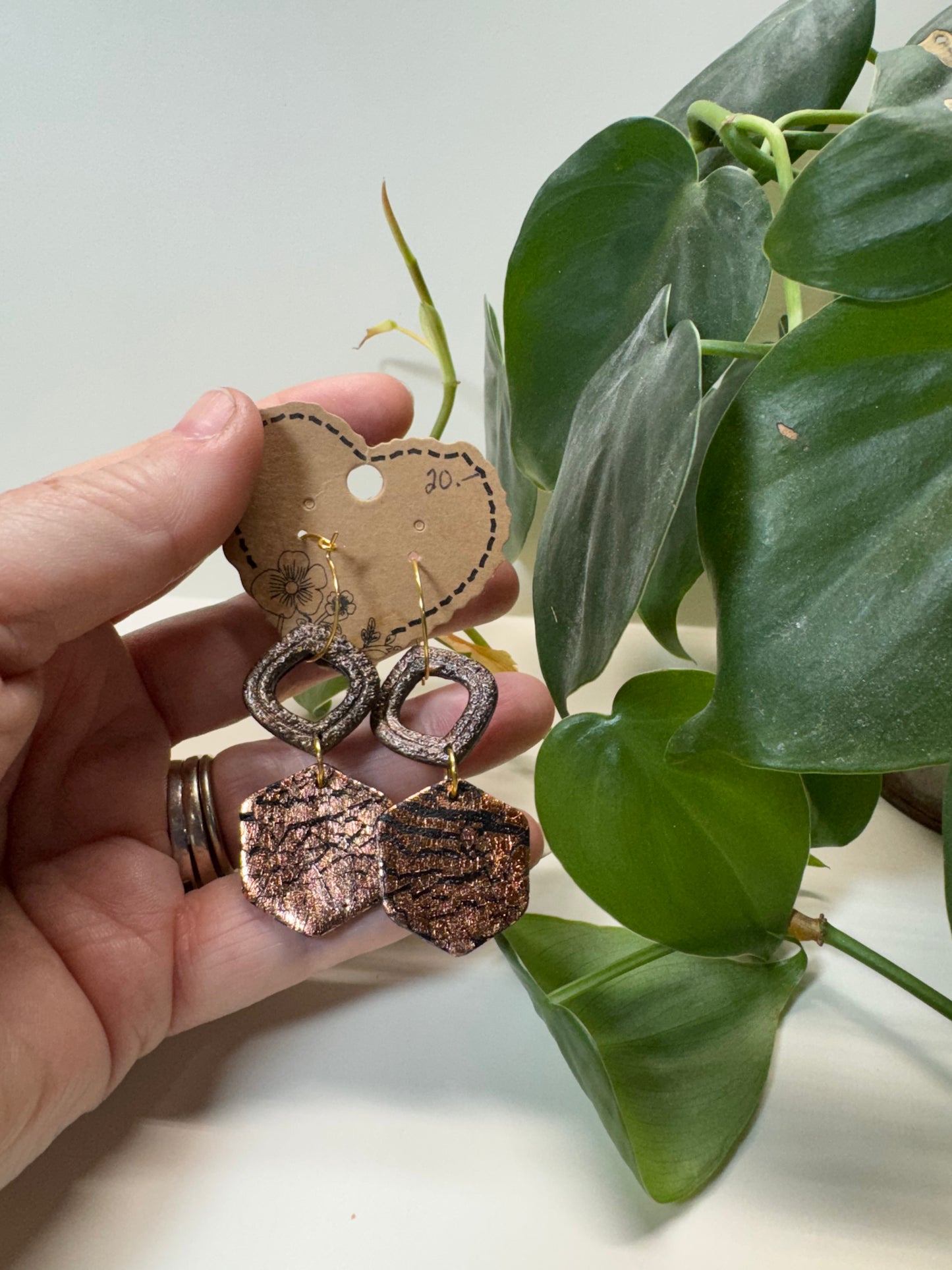 Black and Copper Gold Leaf Boho Style Earrings with Gold Hoops