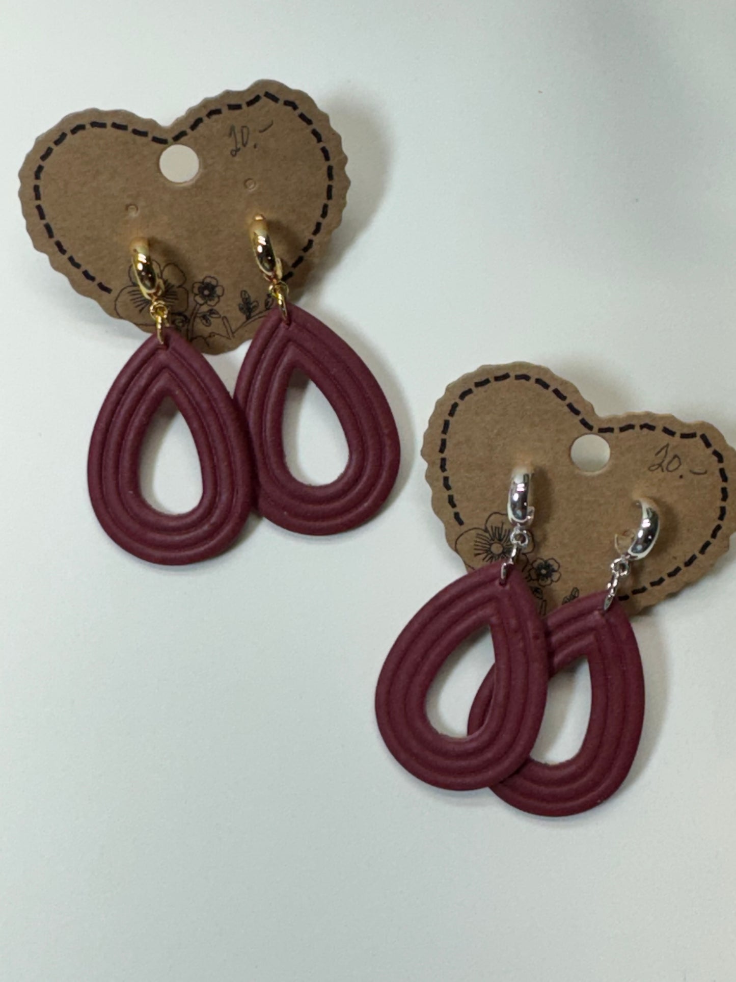 Wine colored Teardrop Earrings with Gold or Silver Huggie half Hoop
