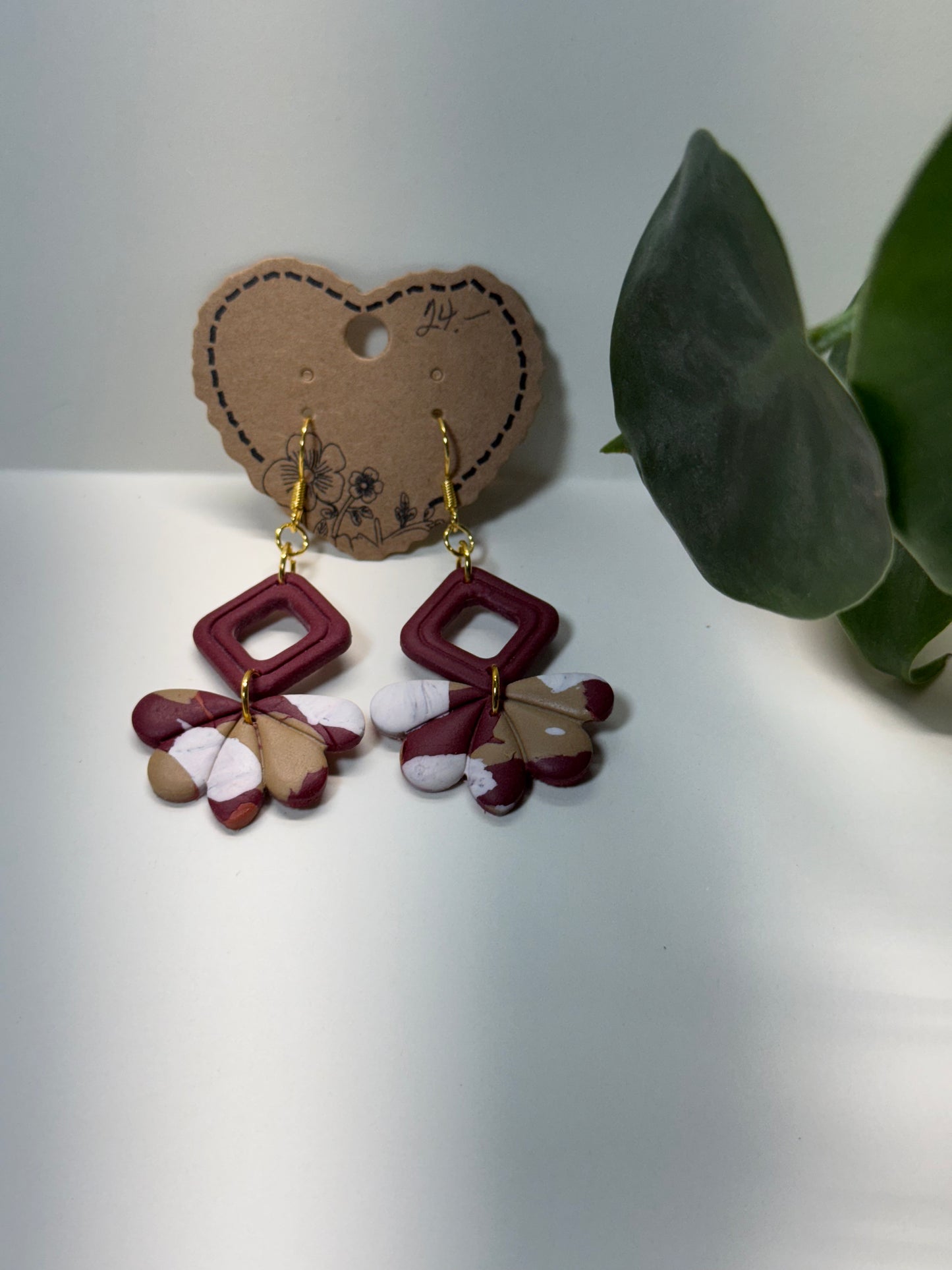 Wine, Beige, and White Boho Style earring with Gold Fishhook