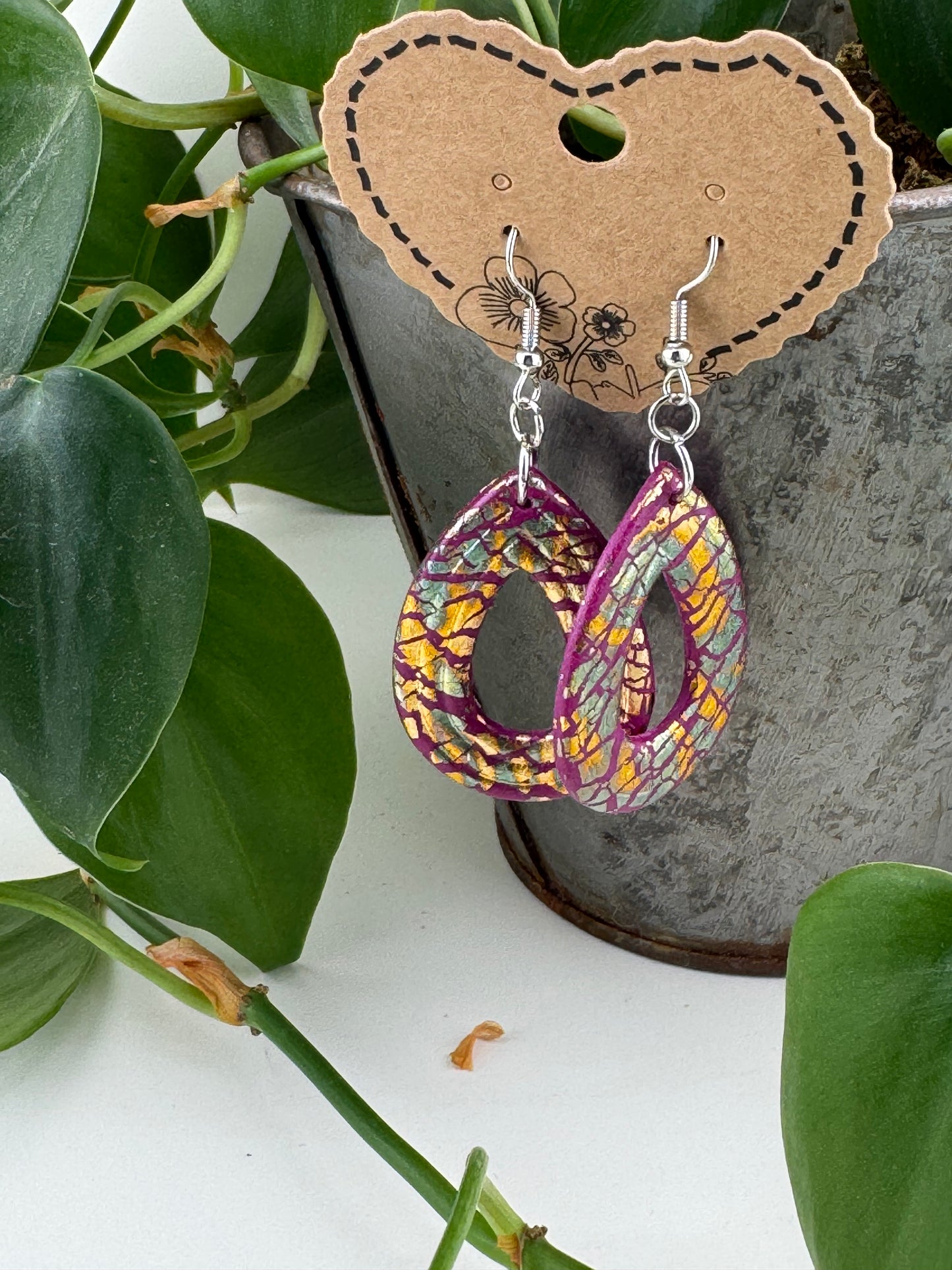 Purple-Red Teardrop with Gold Leaf and Gold or Silver Fishhook Earrings