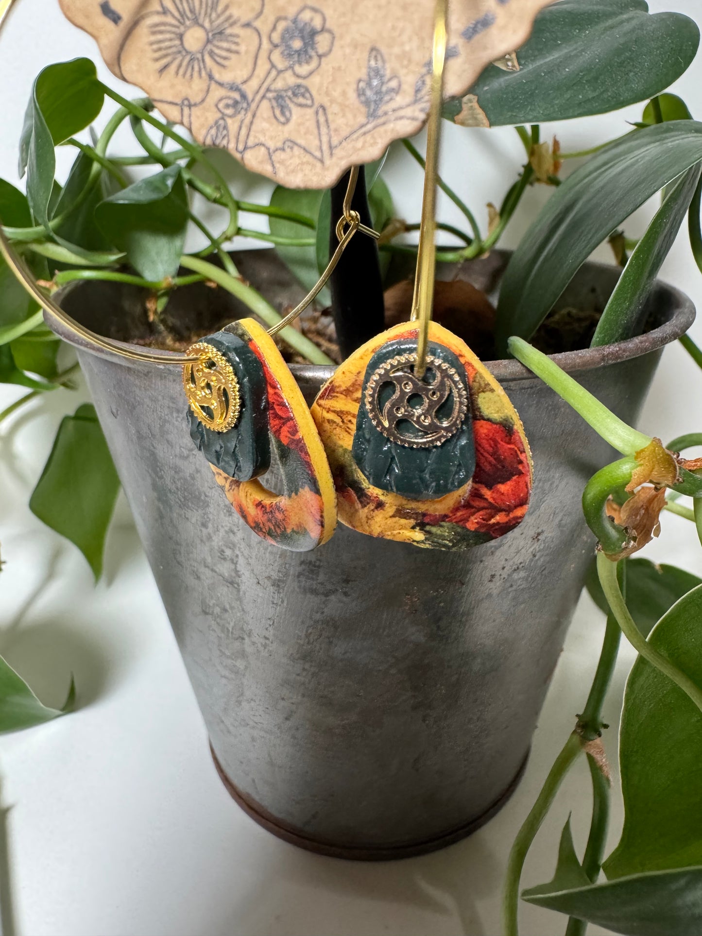 Evergreen and Autumn Floral Earrings with Gold Gear Charm and Large Gold Hoops