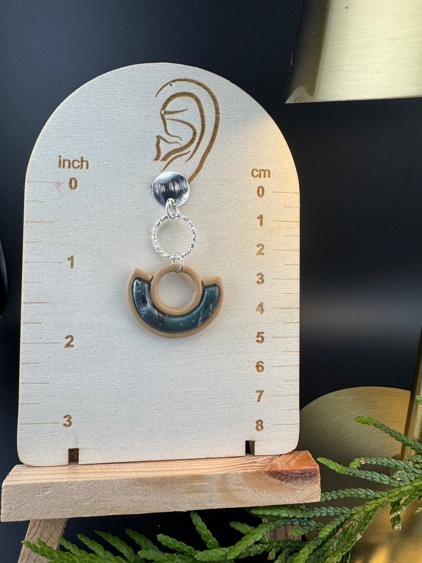 Green Marbled Bezel Earring Boho Style with Silver Circle Charm and Silver Button posts