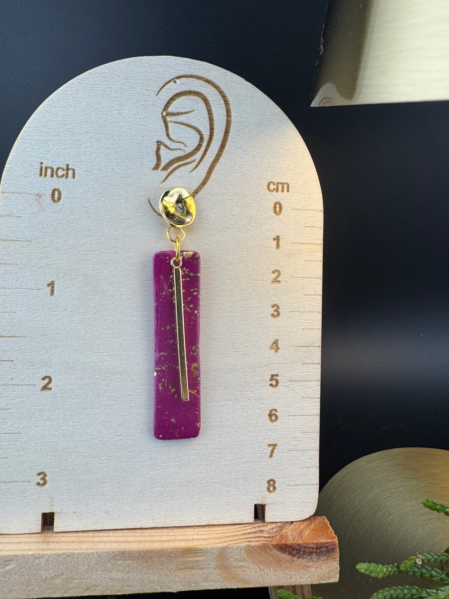 Purple-Red Dangle with Gold Leaf flake Gold Bar Charm and Gold Decorative Button posts