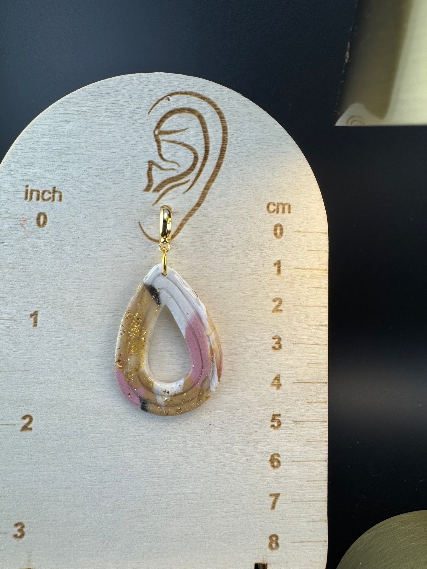 Marbled Pink, Black, White, and Gold Teardrop Earring with Gold Huggie Half Hoop