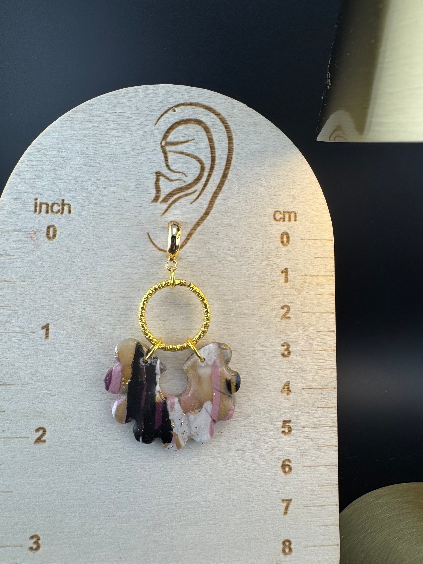 Marbled Pink, Black, White, and Gold Teardrop Earring with Gold Circle charm and Gold Huggie Half Hoops