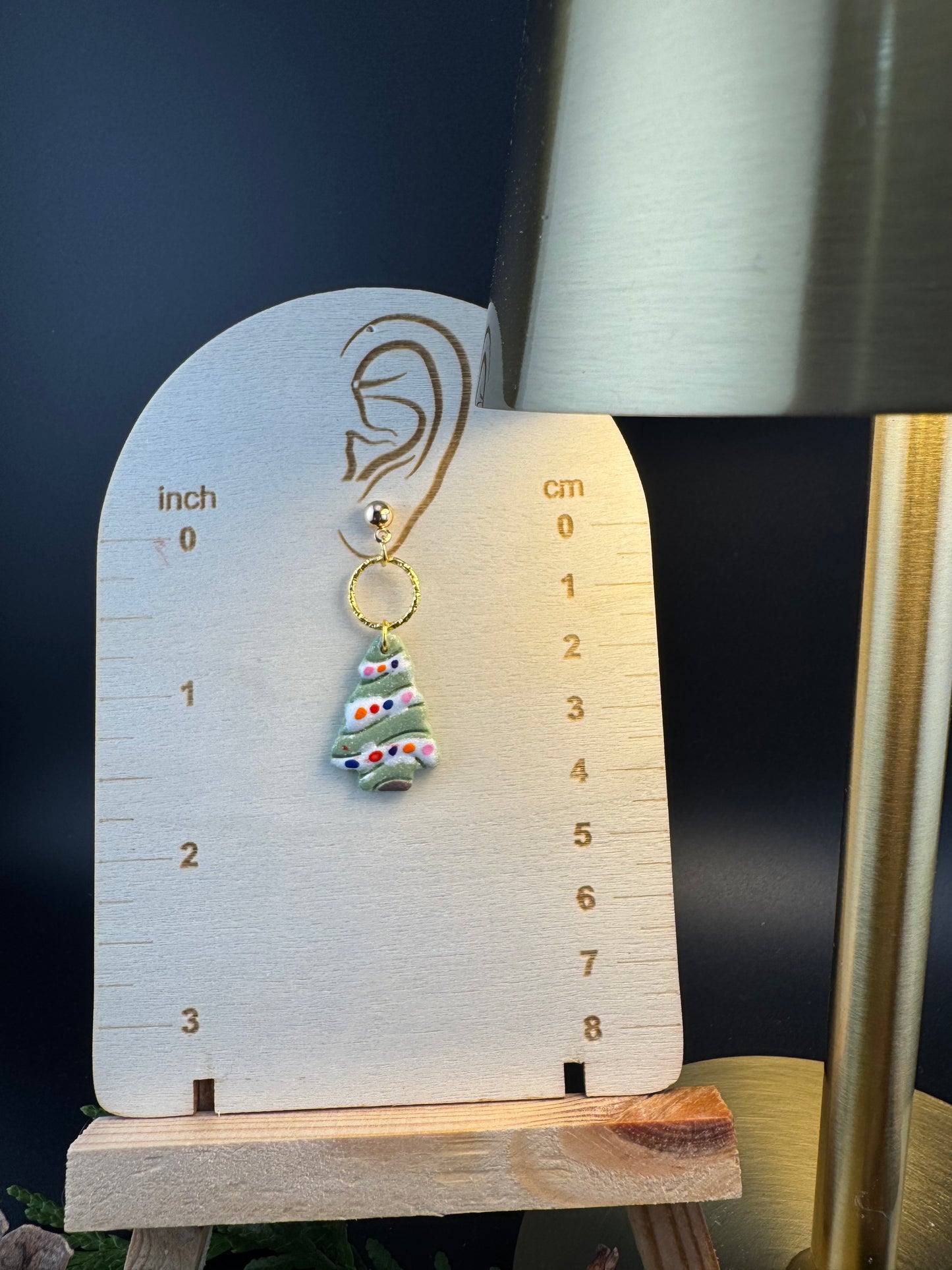 Light Green Christmas Tree with Colored Lights, Gold Circle Connector and Gold Ball Post Earrings