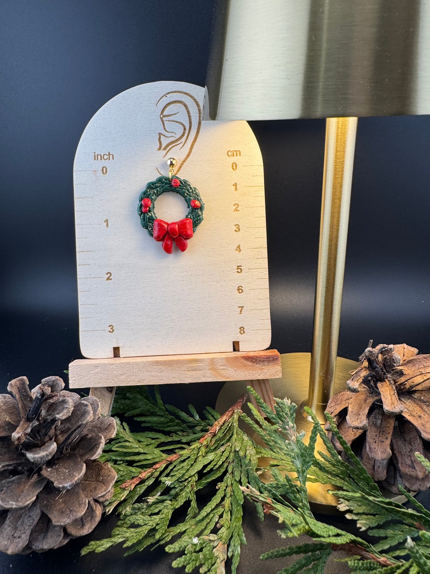 Holly Berry Wreath with Red Bow in Gold or Silver Ball post Earrings