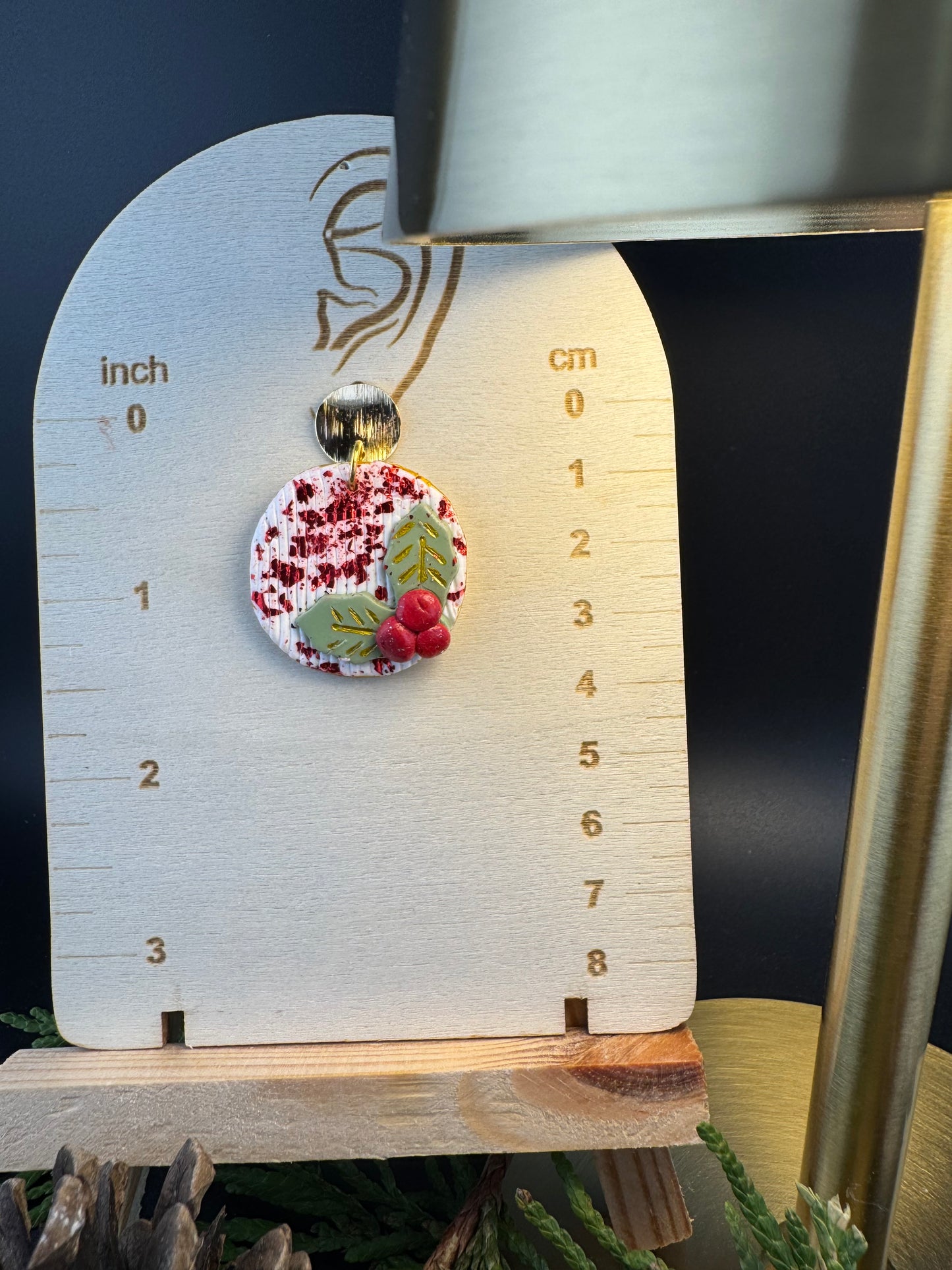 One of a Kind Holly Leaves Ornament Earrings with Gold Button Post