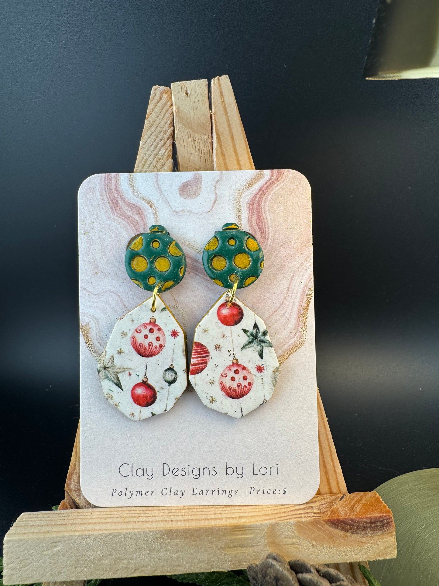 Green and Gold Polka Dot Ornament with Red and Green Ornament Transfer Earrings