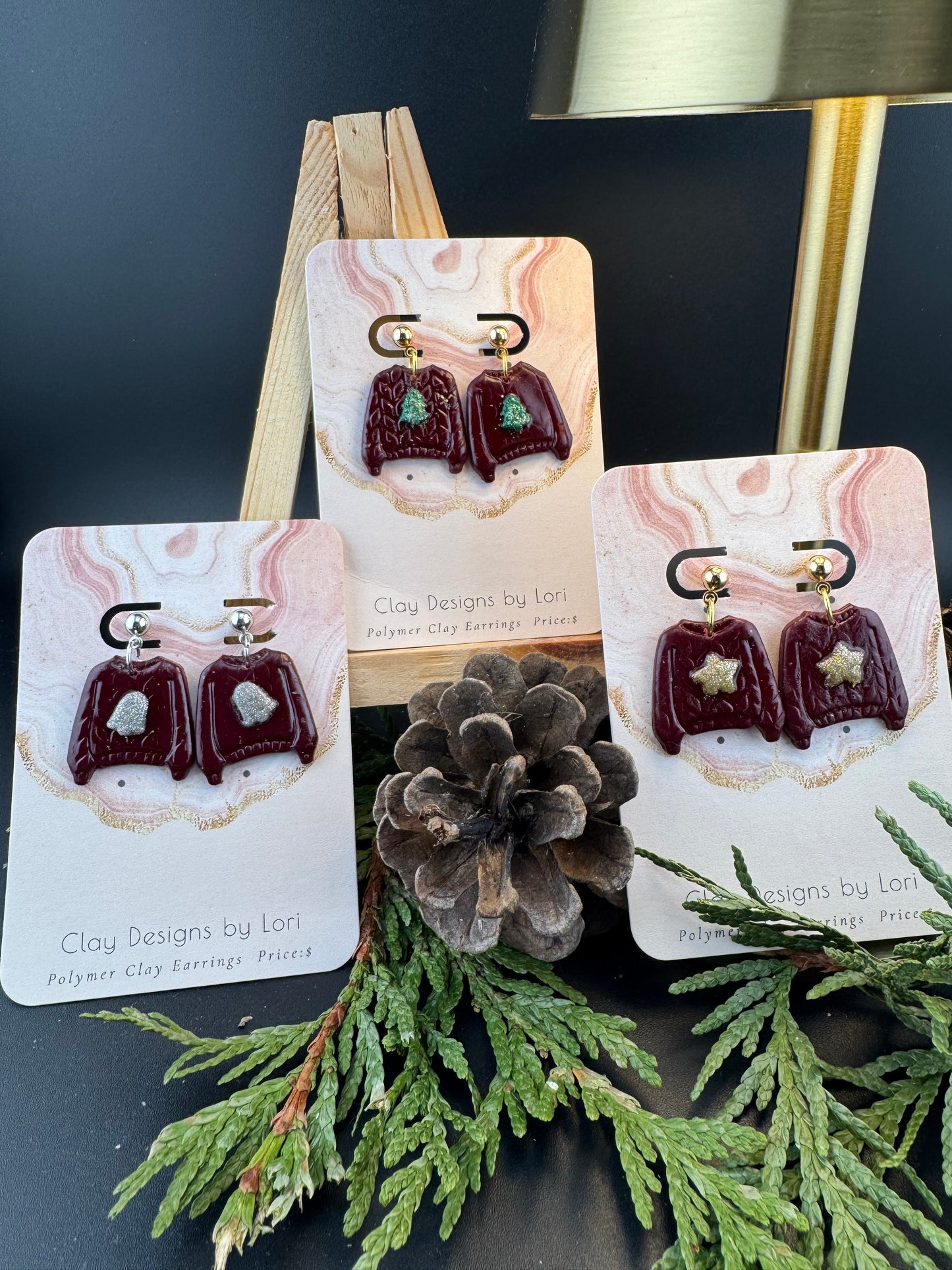 Dark Red Christmas Sweater Earrings with Bells, Stars, and Christmas Trees