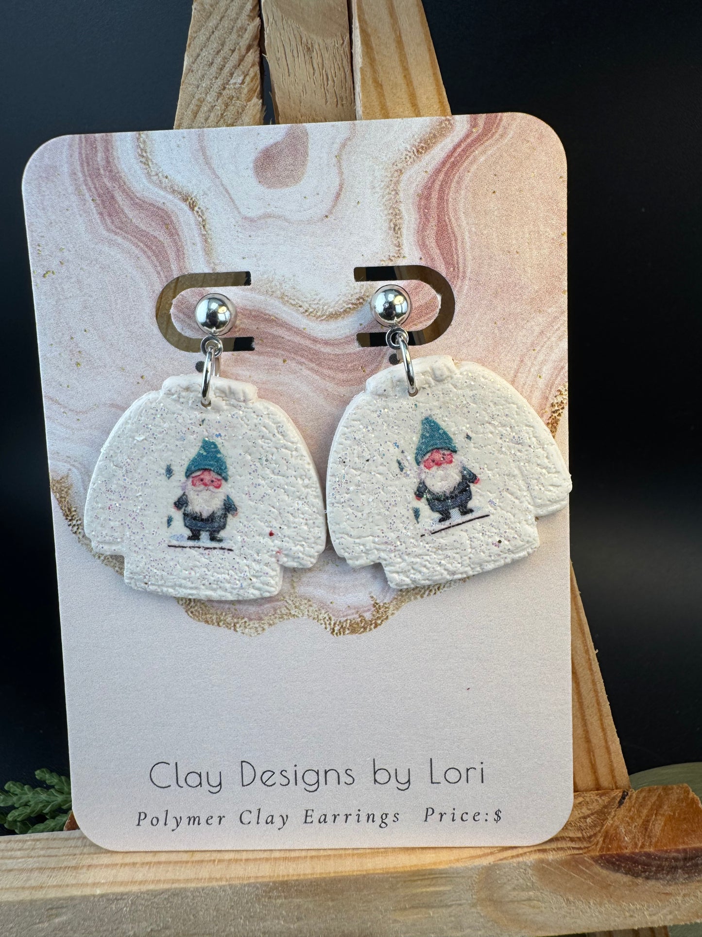 White Sweater Earrings with Gnome Transfer and Ball post