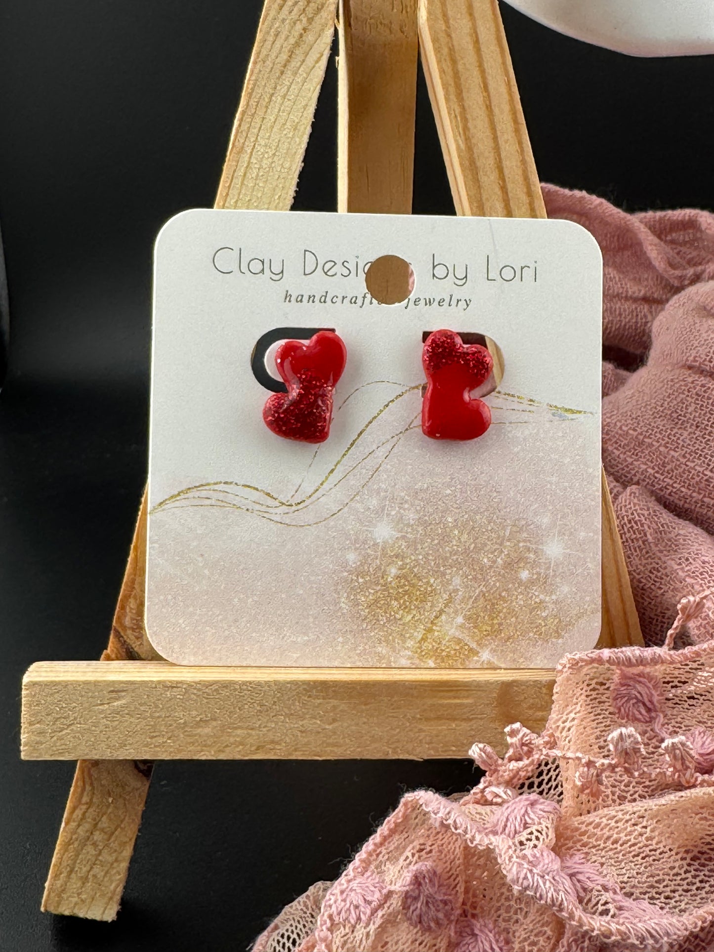 Small Red with Red Glitter Double Hearts using a Hypoallergenic post