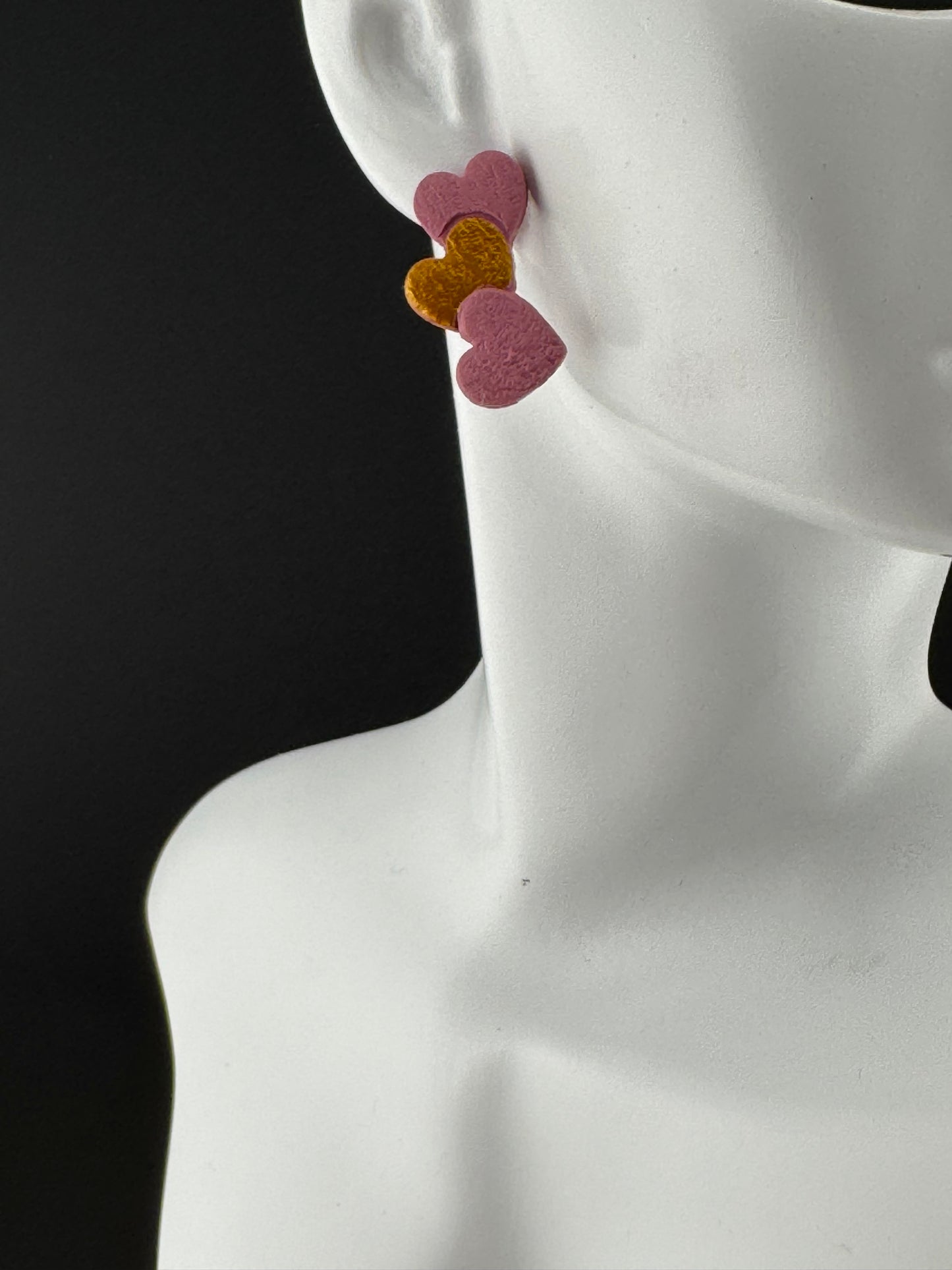 Small Trio of Pink and Gold or Pink and Silver Hearts with Hypoallergenic gold or silver posts