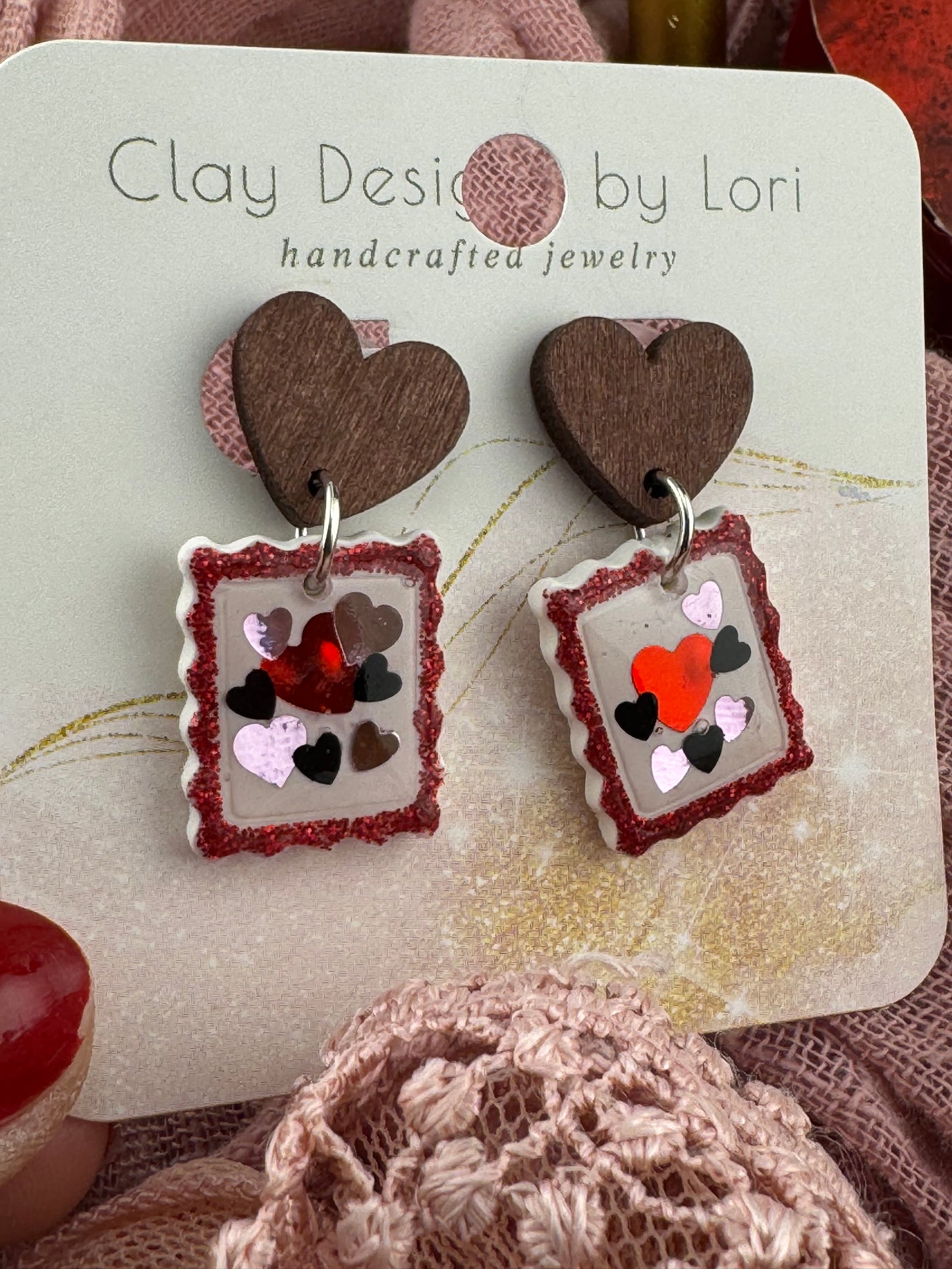 Postage Stamp Earring with Wood Heart Post
