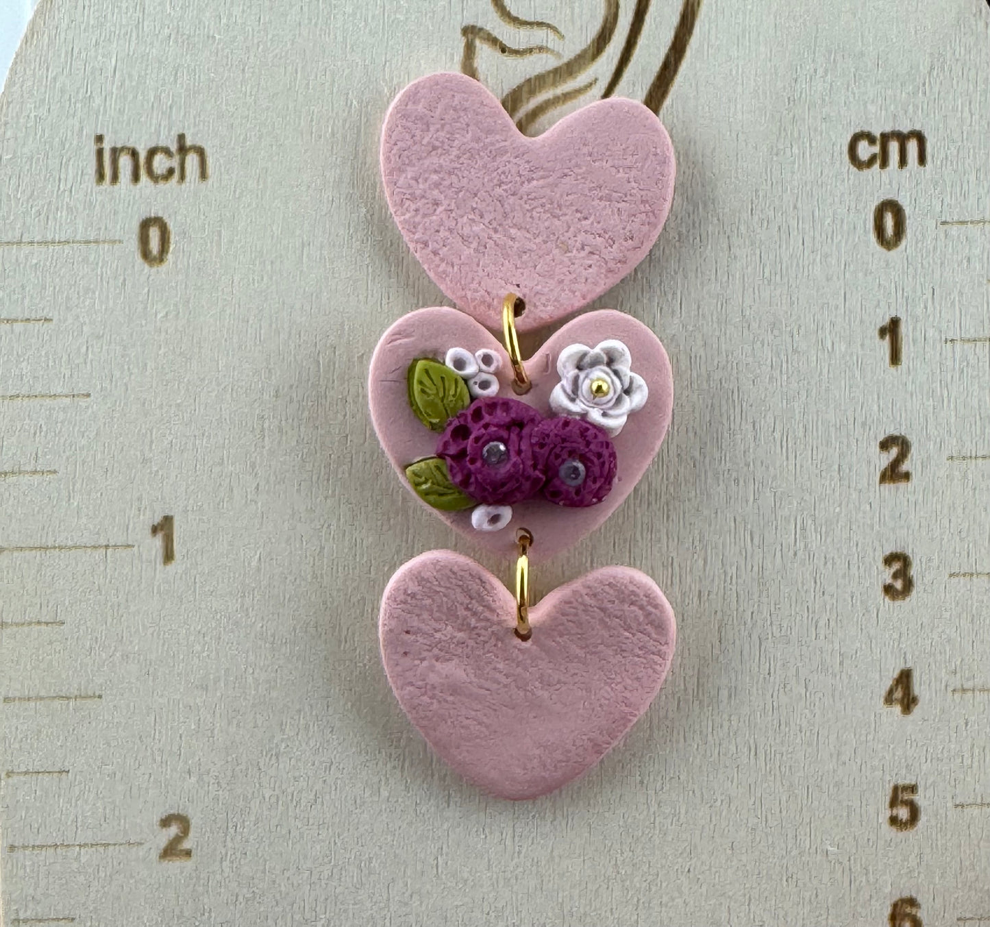 Sweet Pink Triple Heart Earrings with Hand-crafted Flowers