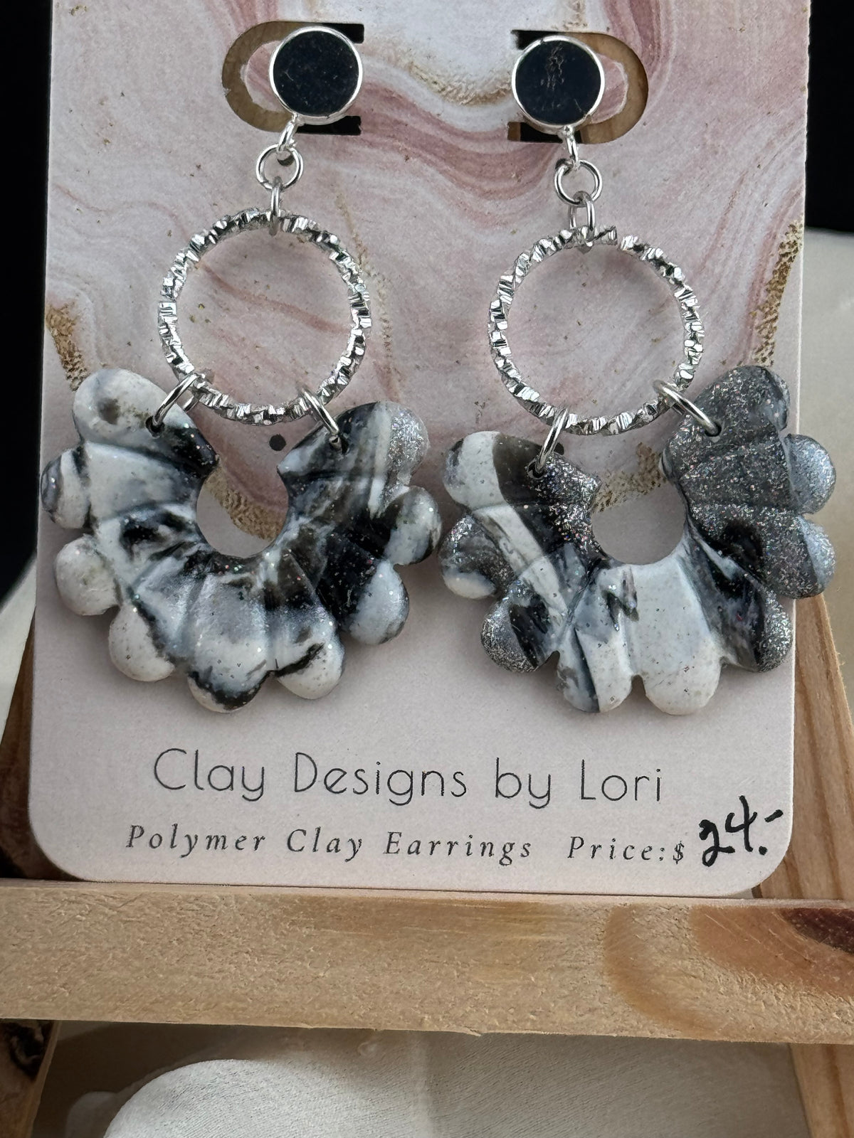 Silver, Black, and White Marbled Scalloped Fan Earring with Silver Accents