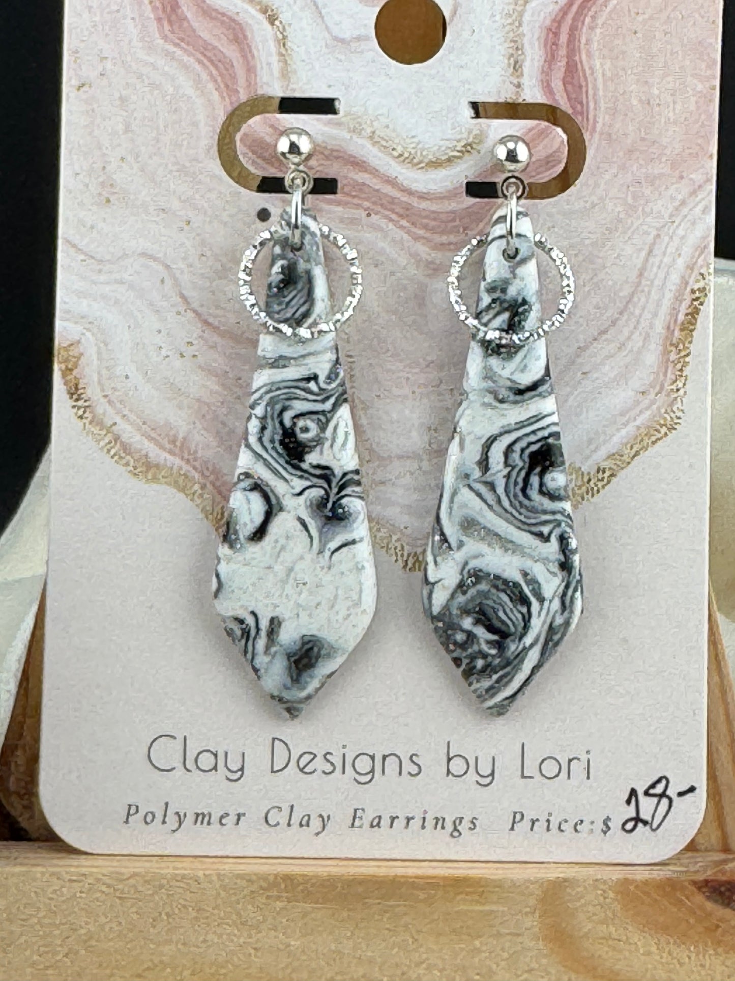 Silver, Black, and White Marbled Teardrop Earring with Silver Accents