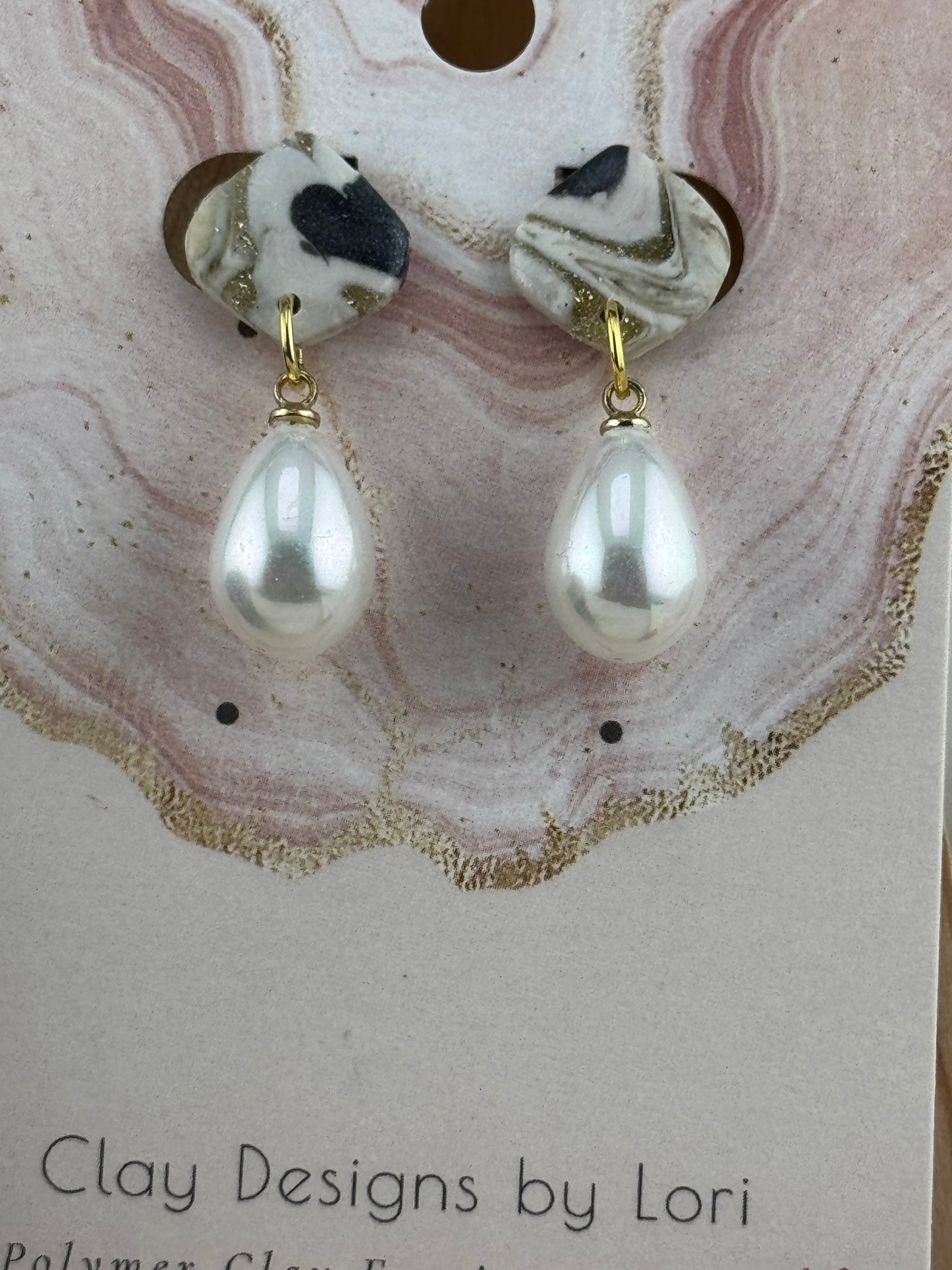 Gold, Steele Grey, and White Marble Dangle Earring with Delicate Pearl Accent