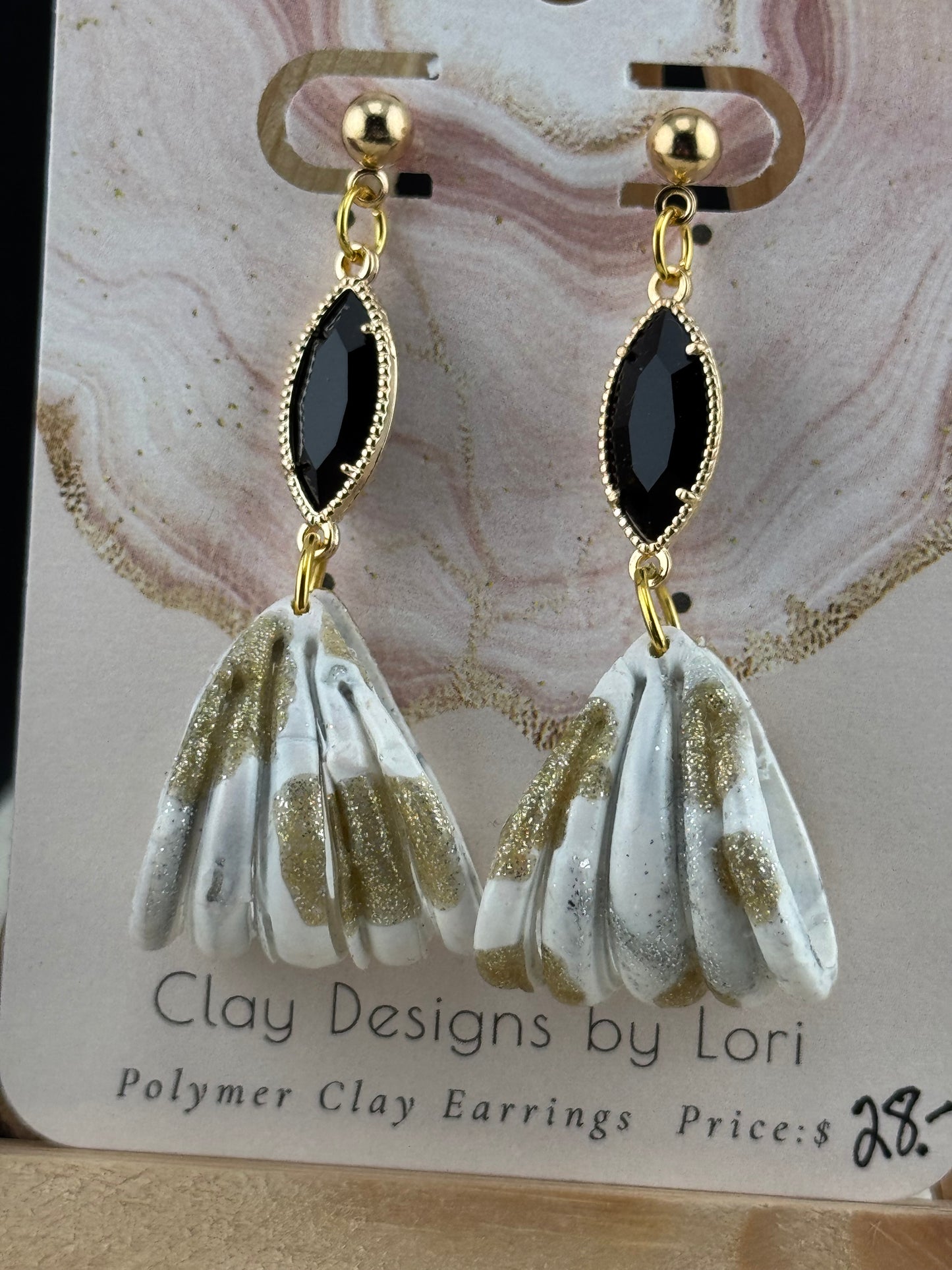 White and Gold Glitter Marbled Dangled Earrings with Black Accent and Gold Ball Posts