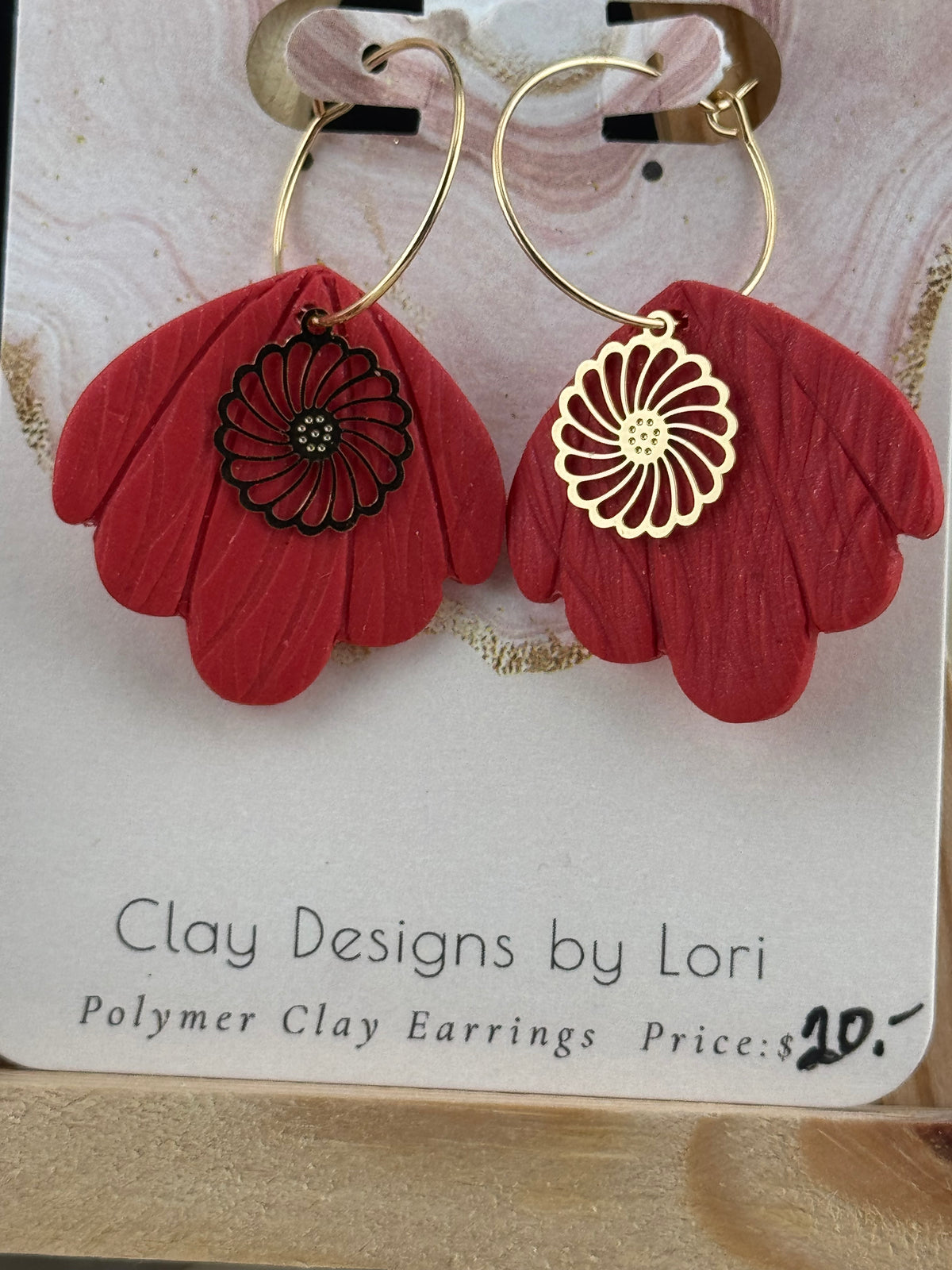 Orange Fan Shaped Earring with Gold Daisy charm and Gold Hoops