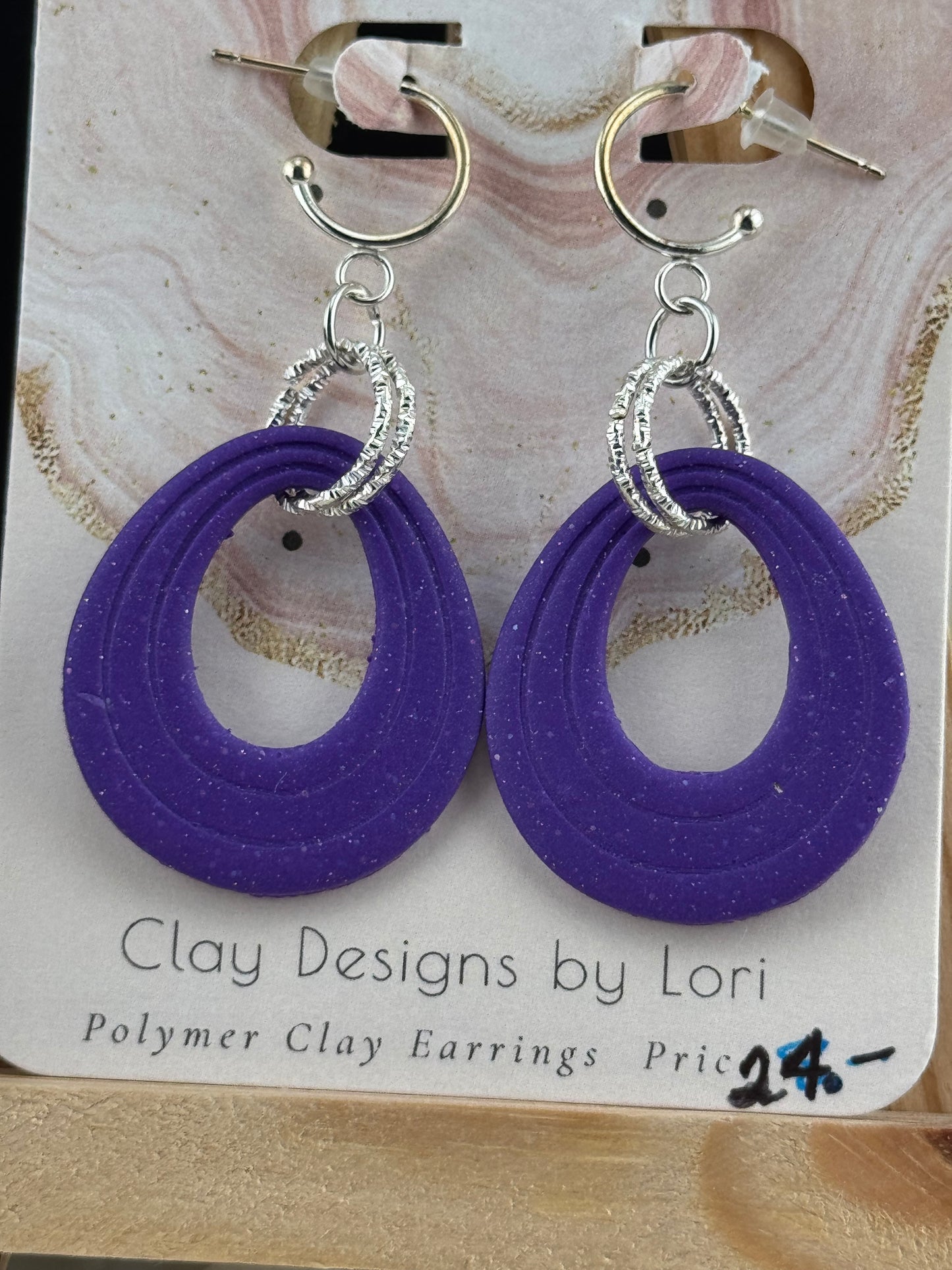Purple Teardrop dangle Earrings with Silver Accents