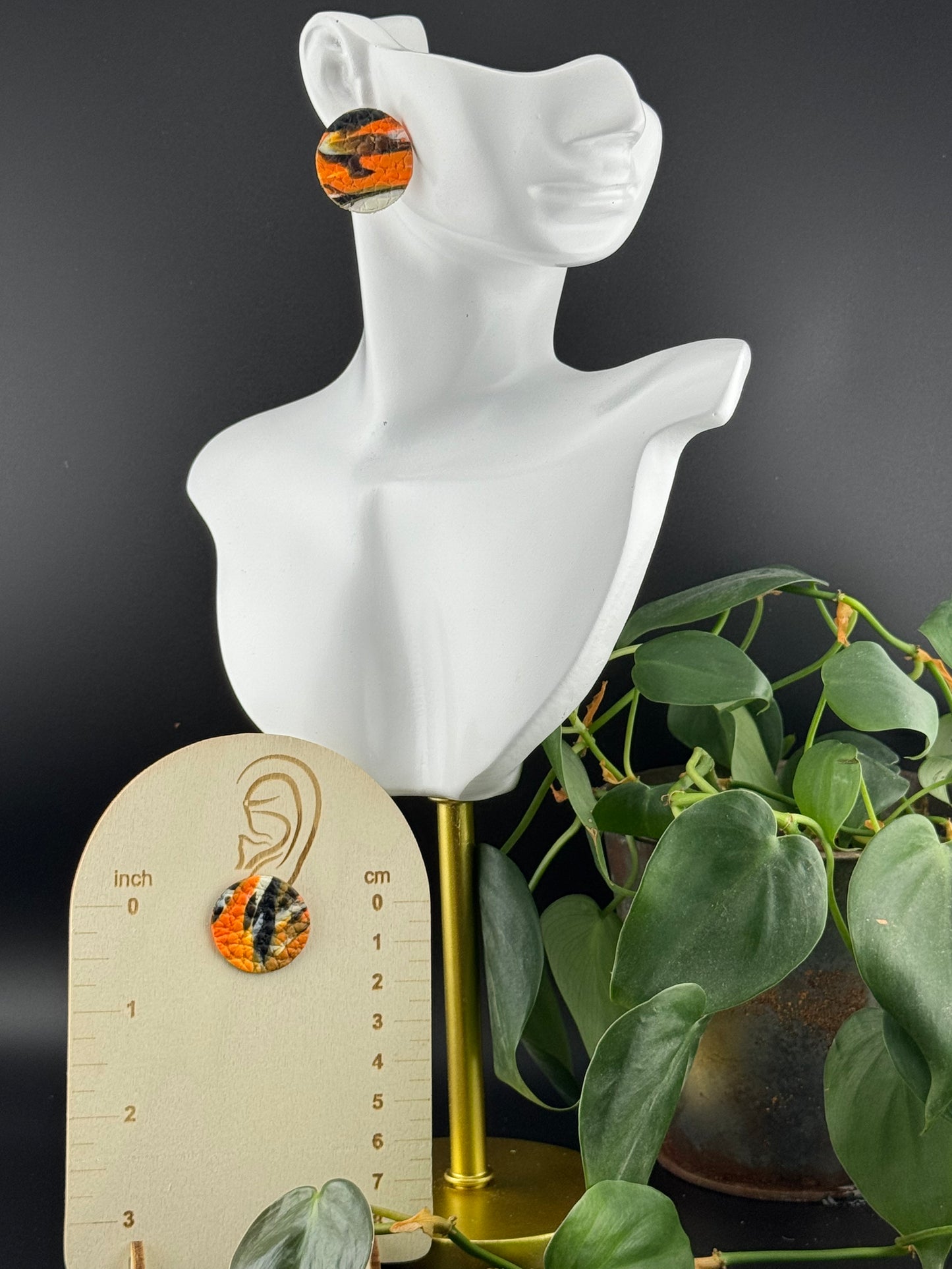 Marbled Circle of Orange, Black, and White 1 inch Circle Studs