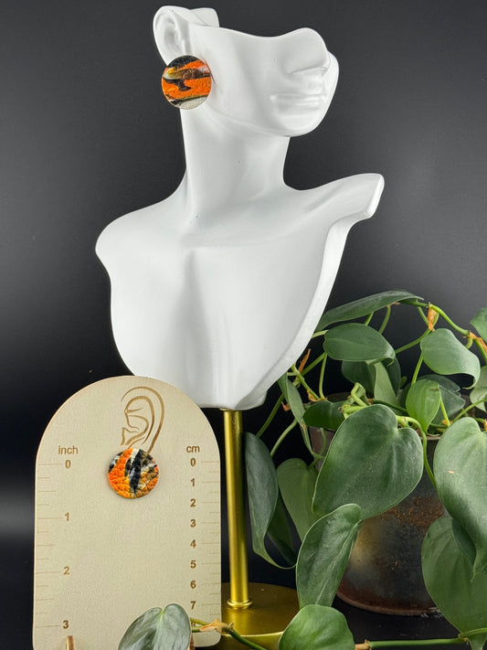 Marbled Circle of Orange, Black, and White 1 inch Circle Studs