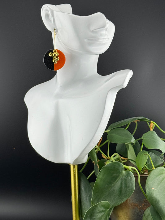 Orange and Black circle with Cheerleader charm Hoops