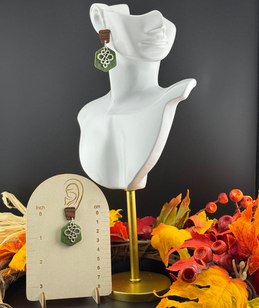 Spanish Moss Earring Wood post and Gold or Silver Filigree charm