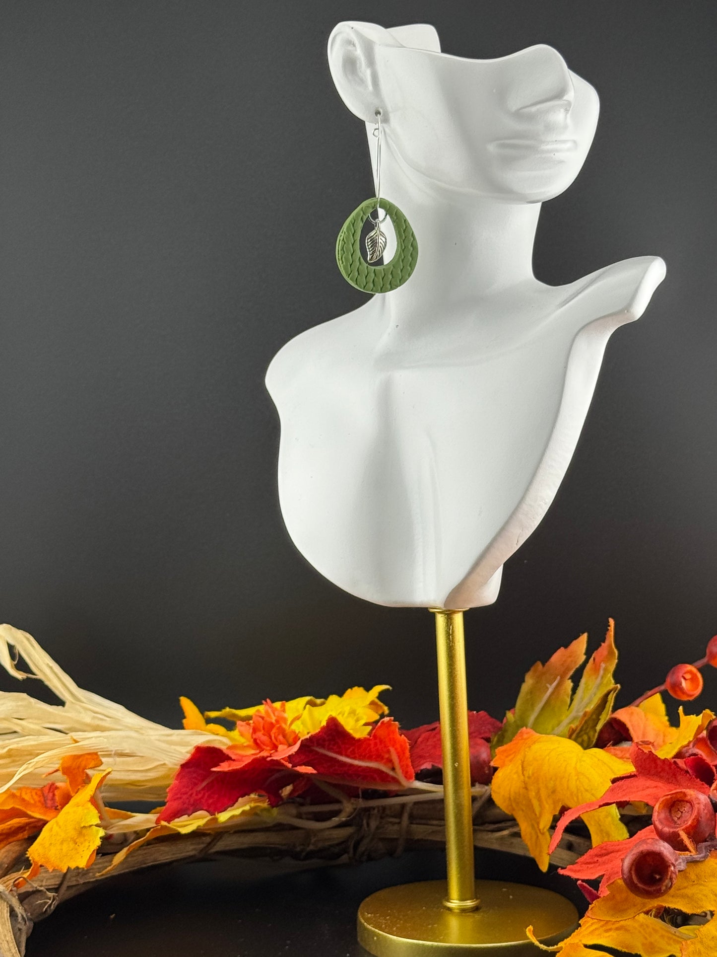 Spanish Moss and Silver Hoop earrings with Siver Leaf Charm