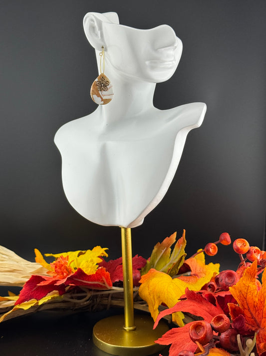 Marbled Teardrop in White, Gold, and Taupe Earring with Daisy Charm Hoop