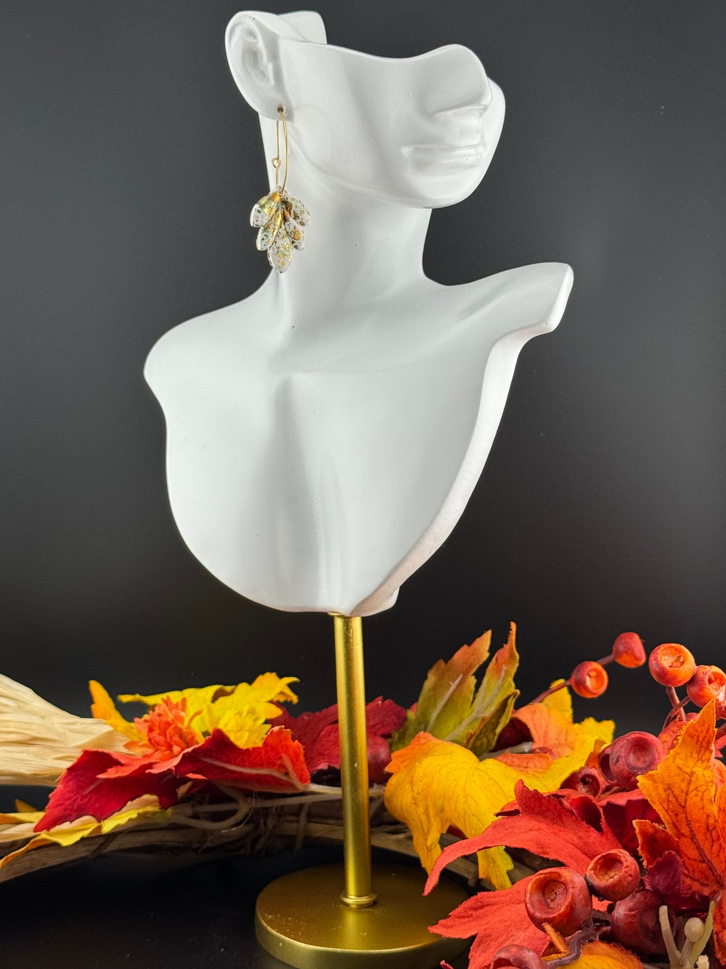 White leaf with Gold-leaf accent Gold or Silver Hoops