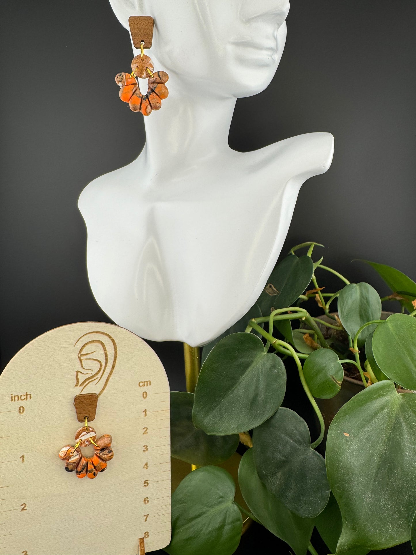 Orange, Black, and Copper, Boho Style drop earrrings with Wood Post