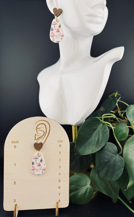 Mushroom Inspired Earrings with Wood Heart Post