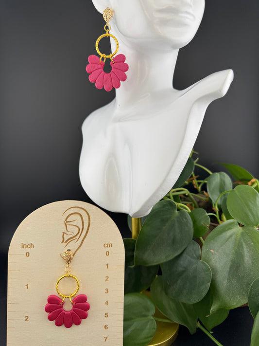 Hot Pink, Boho style Earrings with Gold Filigree post