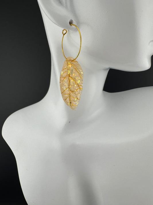 Opal Leaves on Gold Hoops