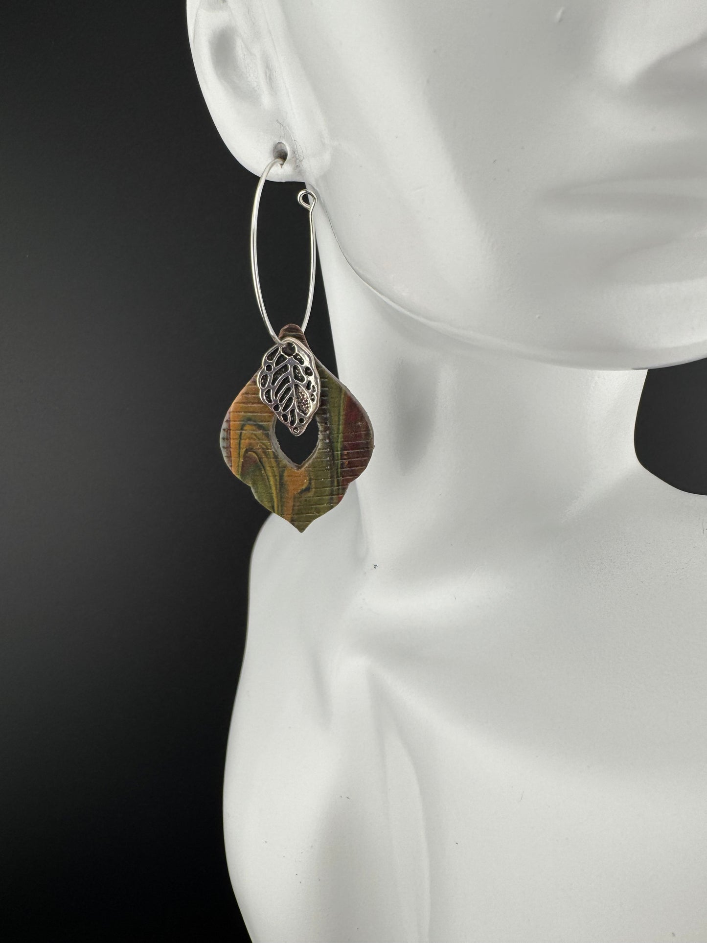 Red and Green Marble with Silver Leaf Charm Hoops