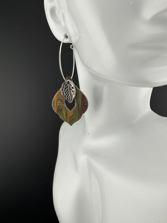 Red and Green Marble with Silver Leaf Charm Hoops