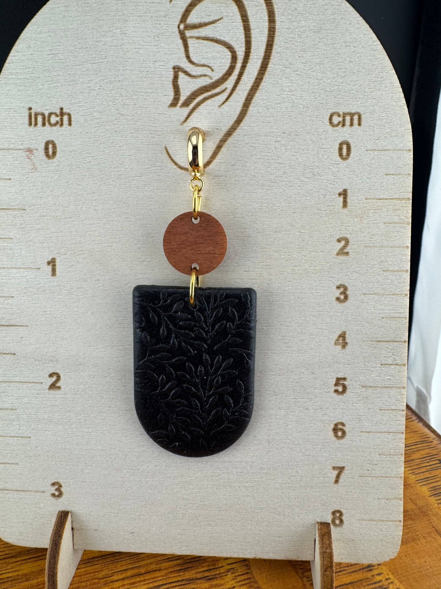 Neutral Black Earring with Wood accent and Gold Huggy Hoop