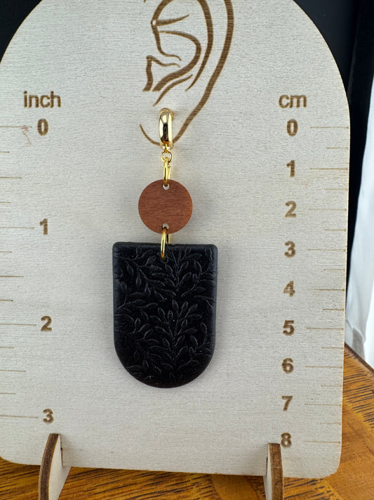 Neutral Black Earring with Wood accent and Gold Huggy Hoop