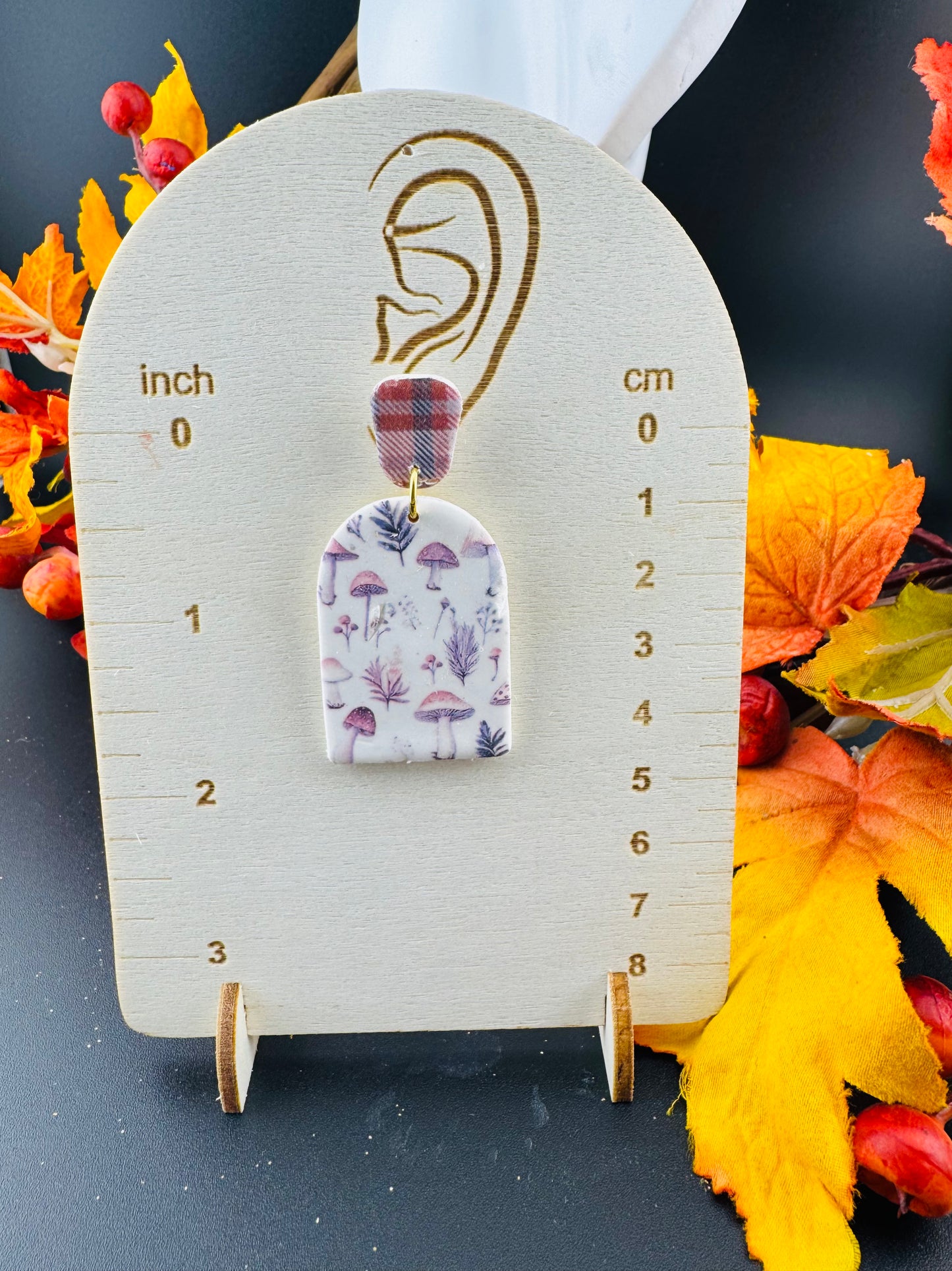 Mushroom Motif Arch with Red and Blue Plaid button post