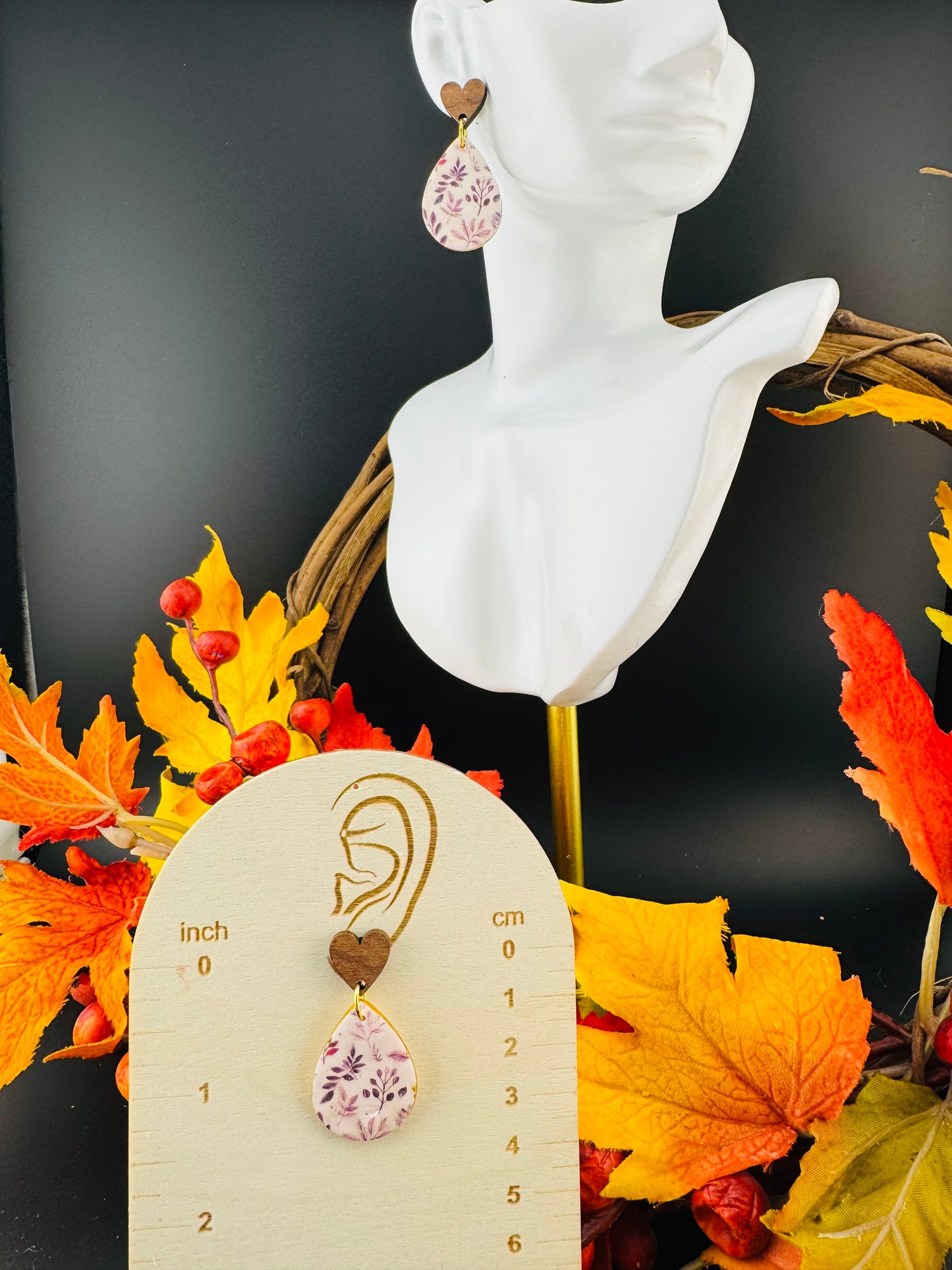 Falling Leaves Teardrop dangle with Wood Heart Post